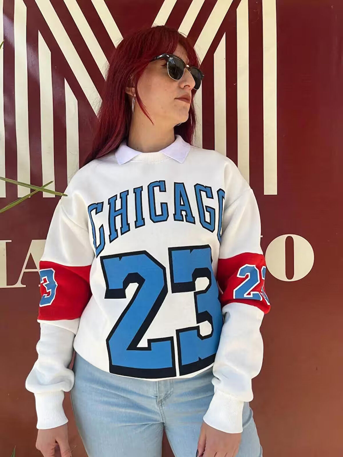 Erkek Unisex Beyaz Oversize Chicago 23 Baskılı Polarlı Sweat
