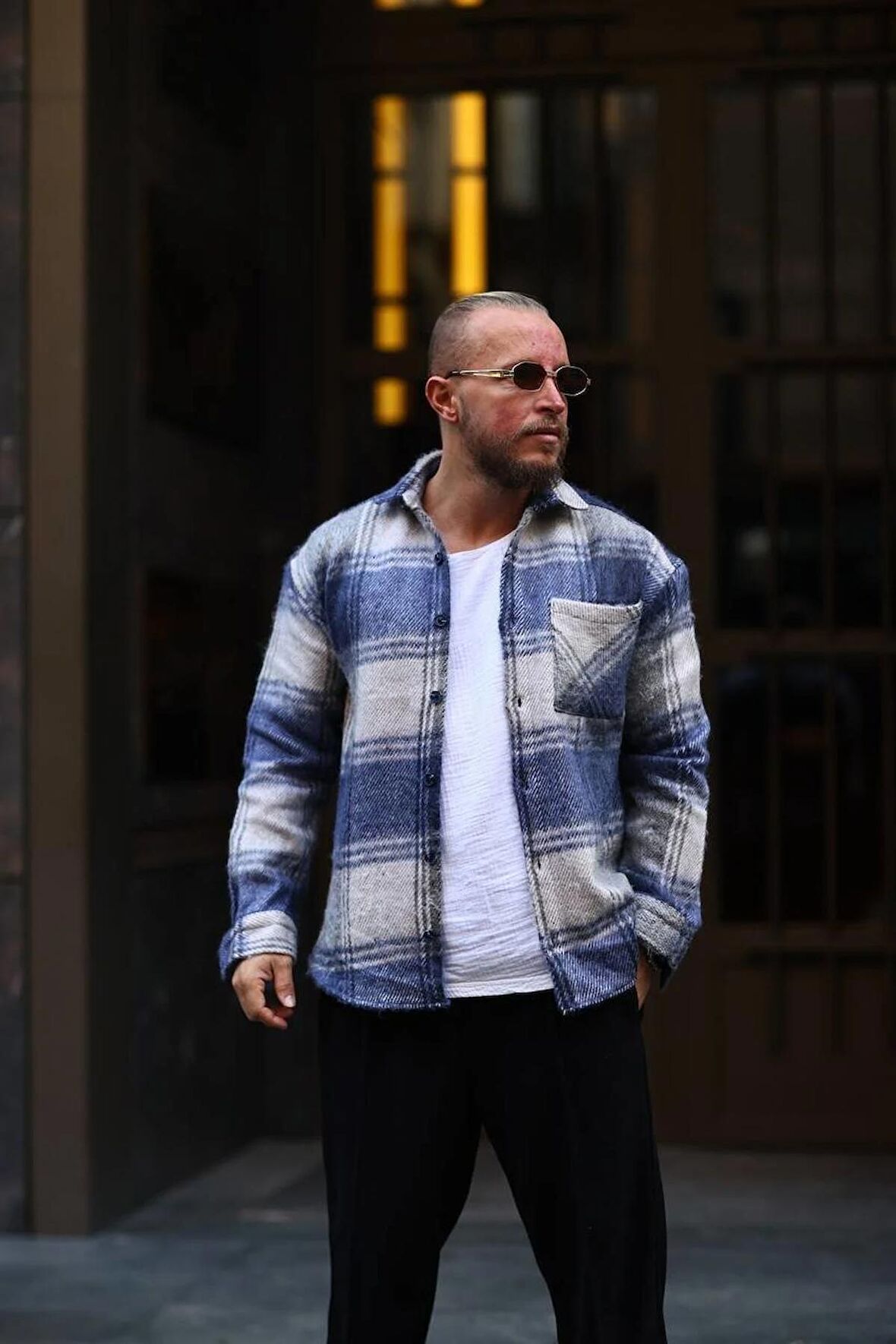 Erkek Unisex Jakarlı Mavi  Oversize Gömlek