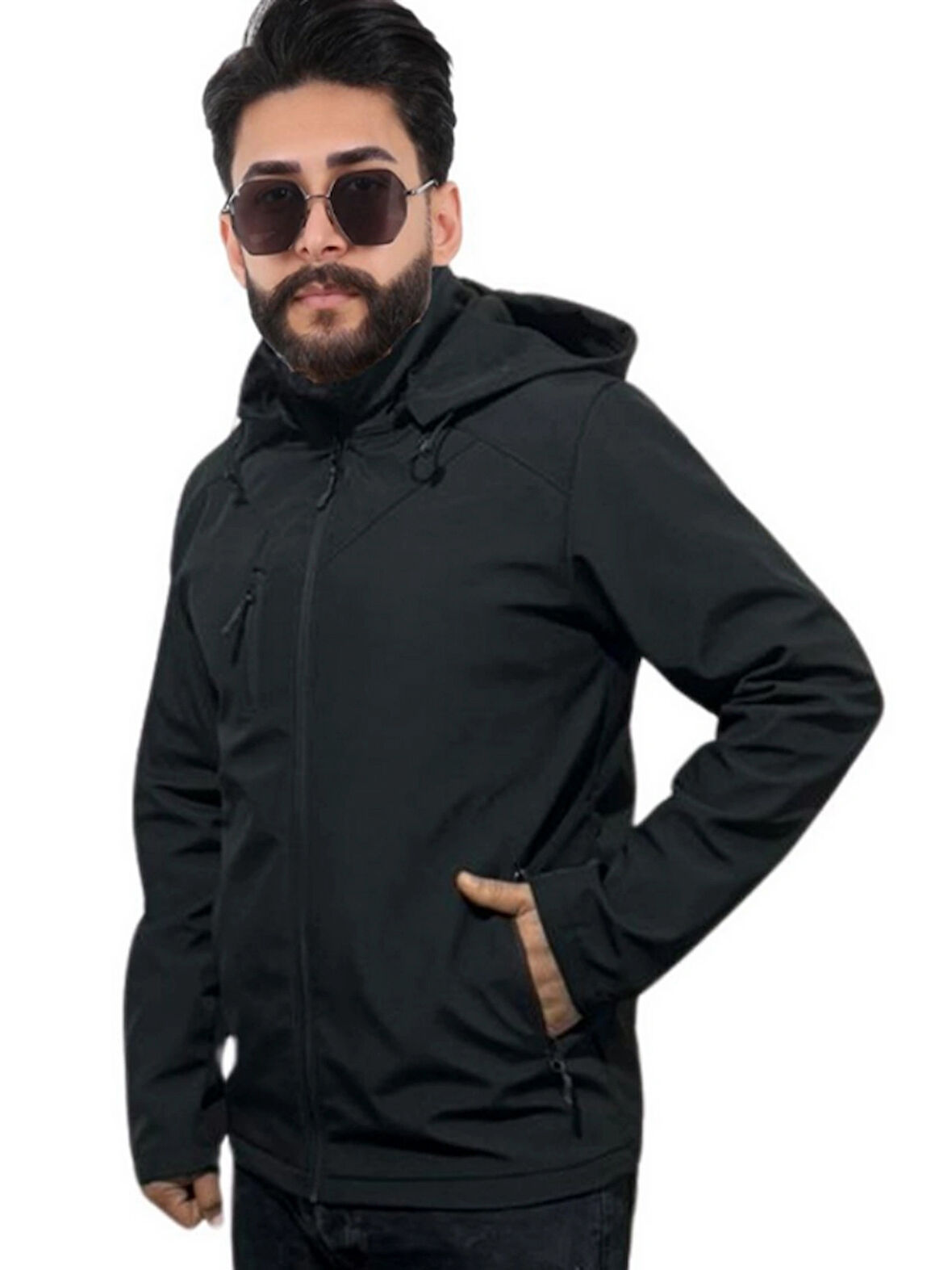 Erkek Softshell Kapişonlu Kışlık Outdoor Fermuar Cepli Içi Şardonlu Rüzgar ve Su Geçirmez Mont