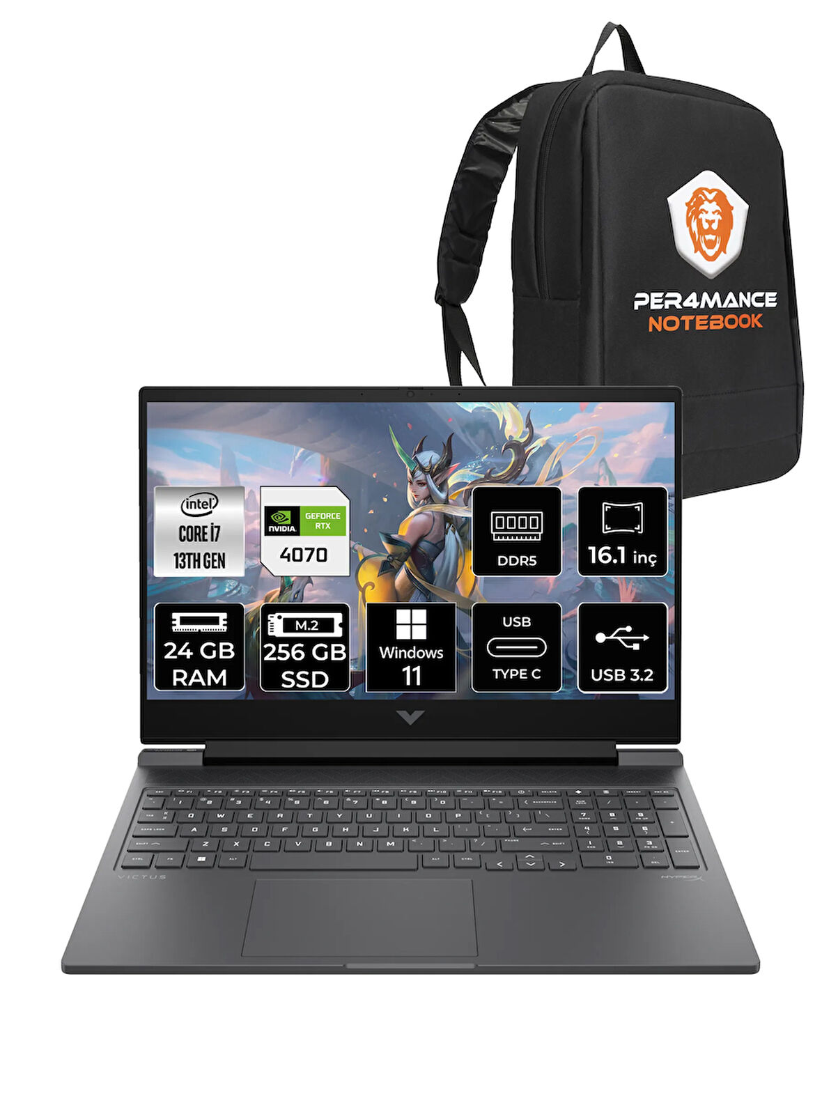 HP Victus 16 i7 13700H 24GB DDR5 256GB SSD RTX4070/8GB 144Hz 16.1'' W11H Gaming Laptop & PER4 ÇANTA