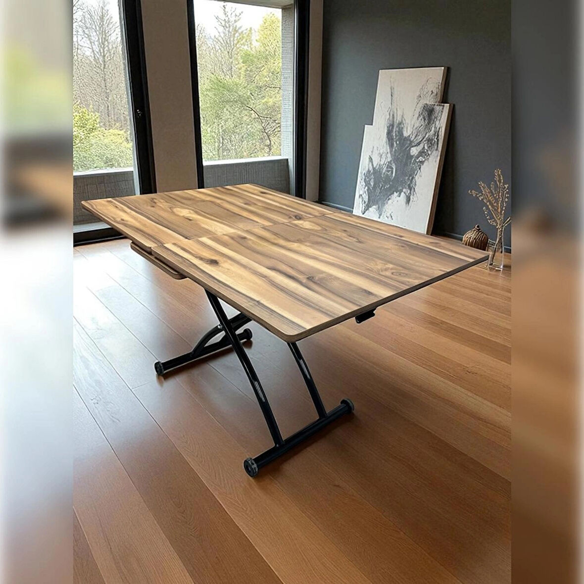 Ortadan Açılır Akıllı Masa Üst Mdf Urartu Alt Ayak Siyah Renk