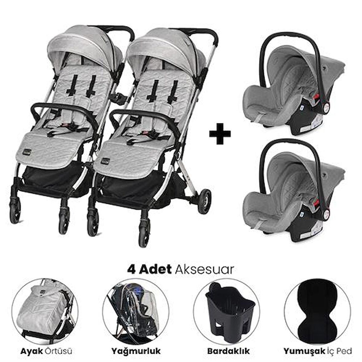 Lorelli Myla Ayrılıp Birleşebilen Kabin Set İkiz Bebek Arabası - Grey