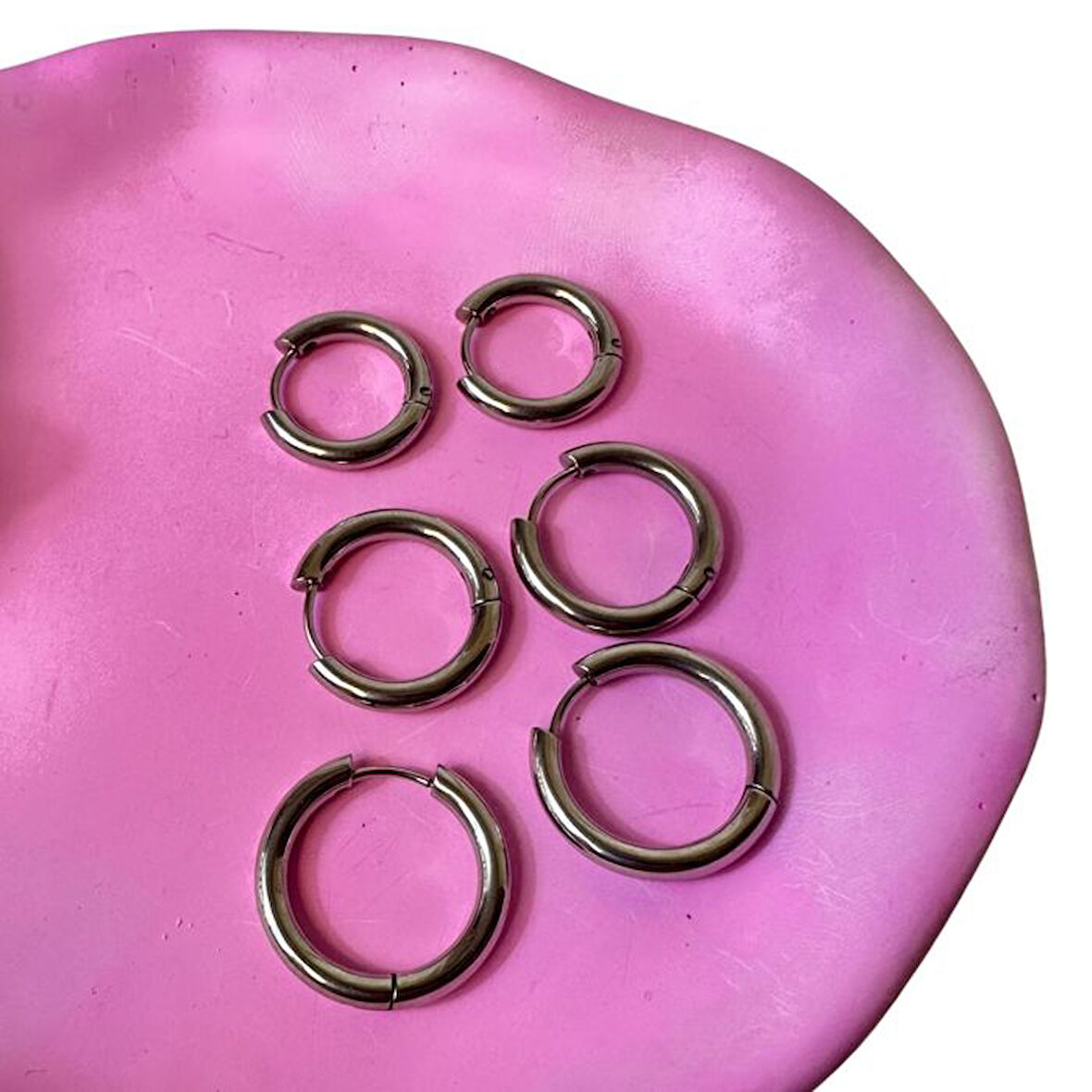 Uretti - Melik 9215 5601 6’lı Gümüş Renk Paslanmaz Çelik Halka 3 Boy Küpe Seti