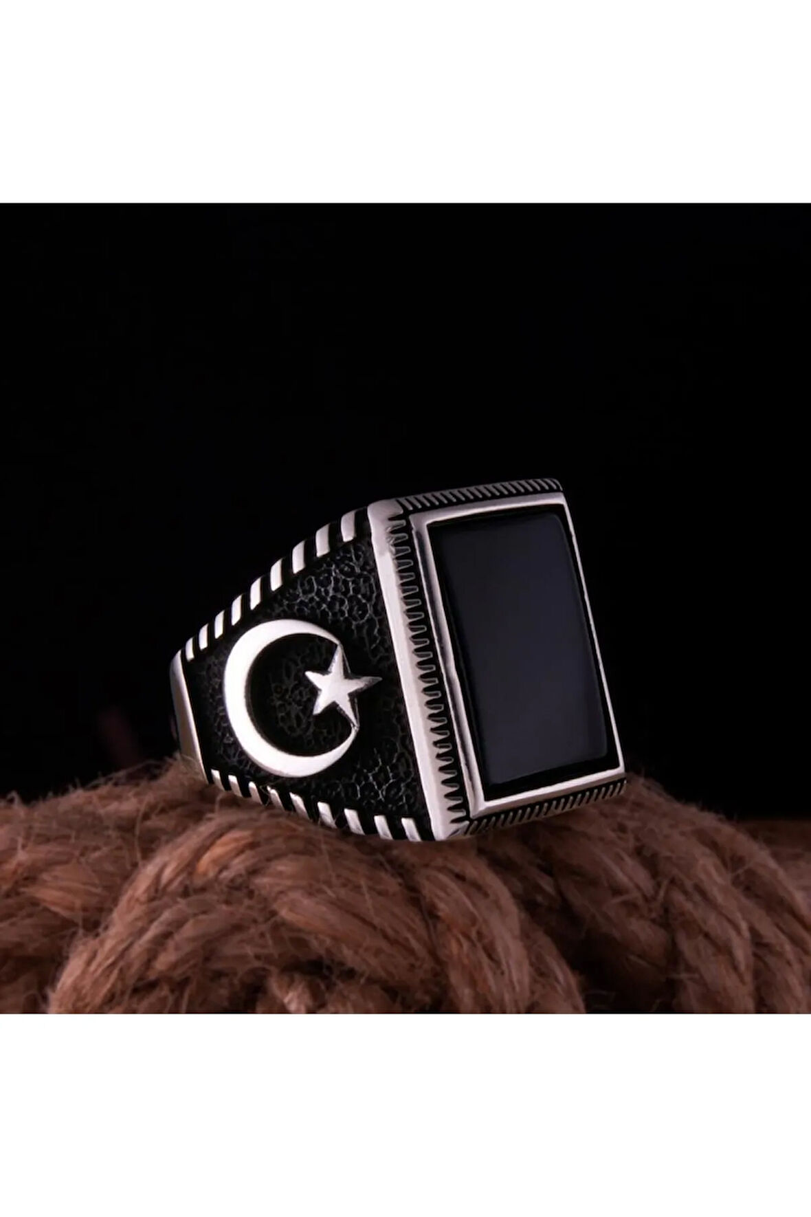 Erkek Gümüş Yüzük Ay Yıldız Işlemeli Siyah Oniks Taşlı Model2 Erkek Gümüş Yüzük