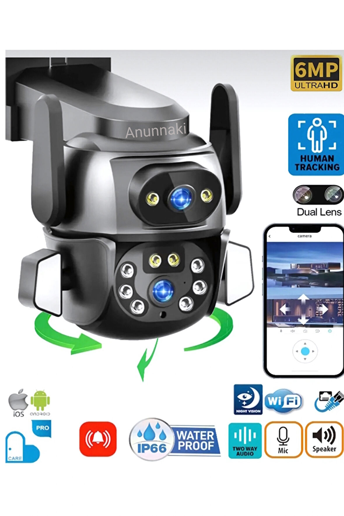 Çift Kameralı Wifi IP Kamera 360° Hareketli WiFi İç-Dış Mekan Ptz Ses Kayıtlı Güvenlik Kamerası