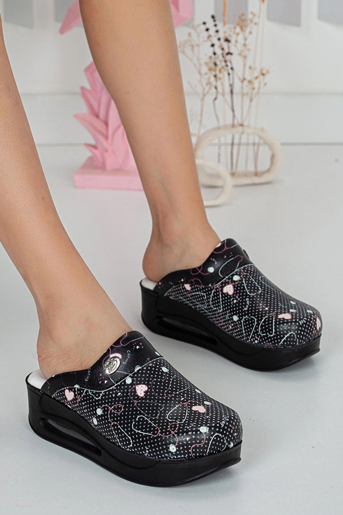 Ortopedik Sabo Terlik Doktor Hemşire Hastane Aşçı Terliği Kadın Steteskop Desenli