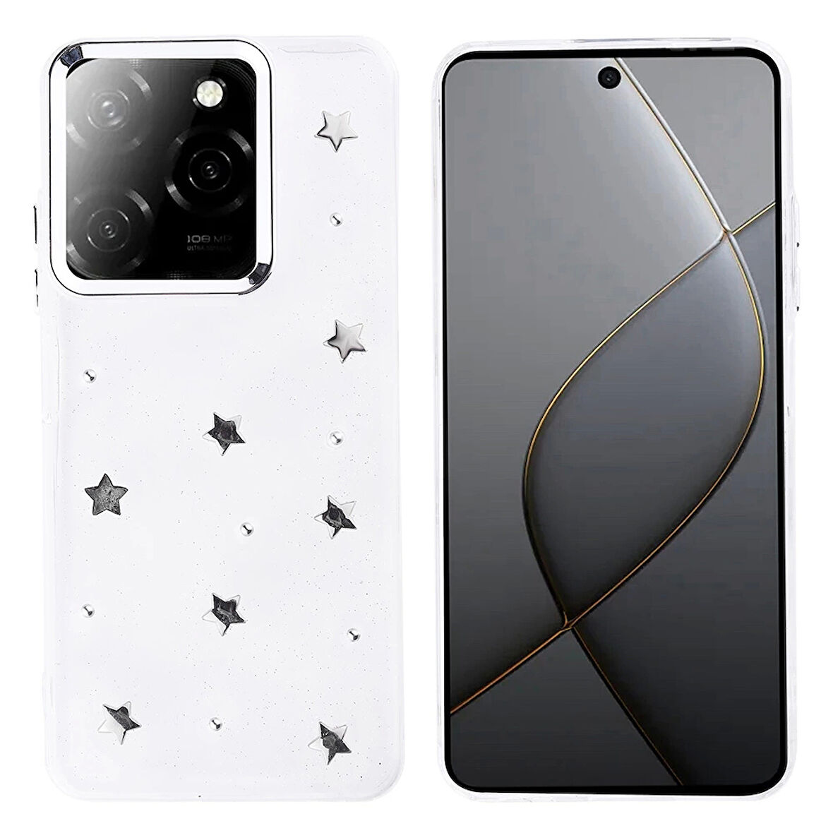 Tecno Spark 20 Pro 5G Uyumlu Kılıf Darbe Koruma Airbag Tasarımlı Simli Şeffaf Kutup Kapak