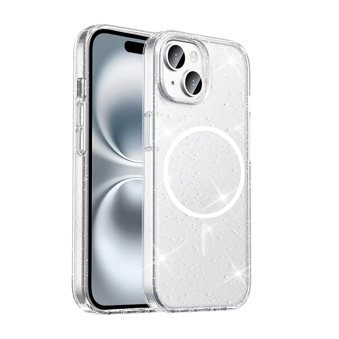 ​Apple iPhone 15 Plus Uyumlu Kılıf Magsafe Şarj Özellikli Parlayan Simli Şeffaf Maris Kapak