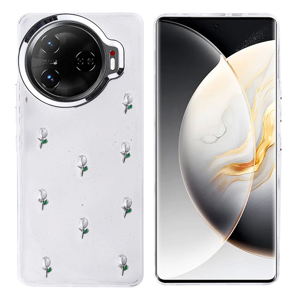 Tecno Camon 30 Pro 5G Uyumlu Kılıf Darbe Koruma Airbag Tasarımlı Simli Şeffaf Kutup Kapak