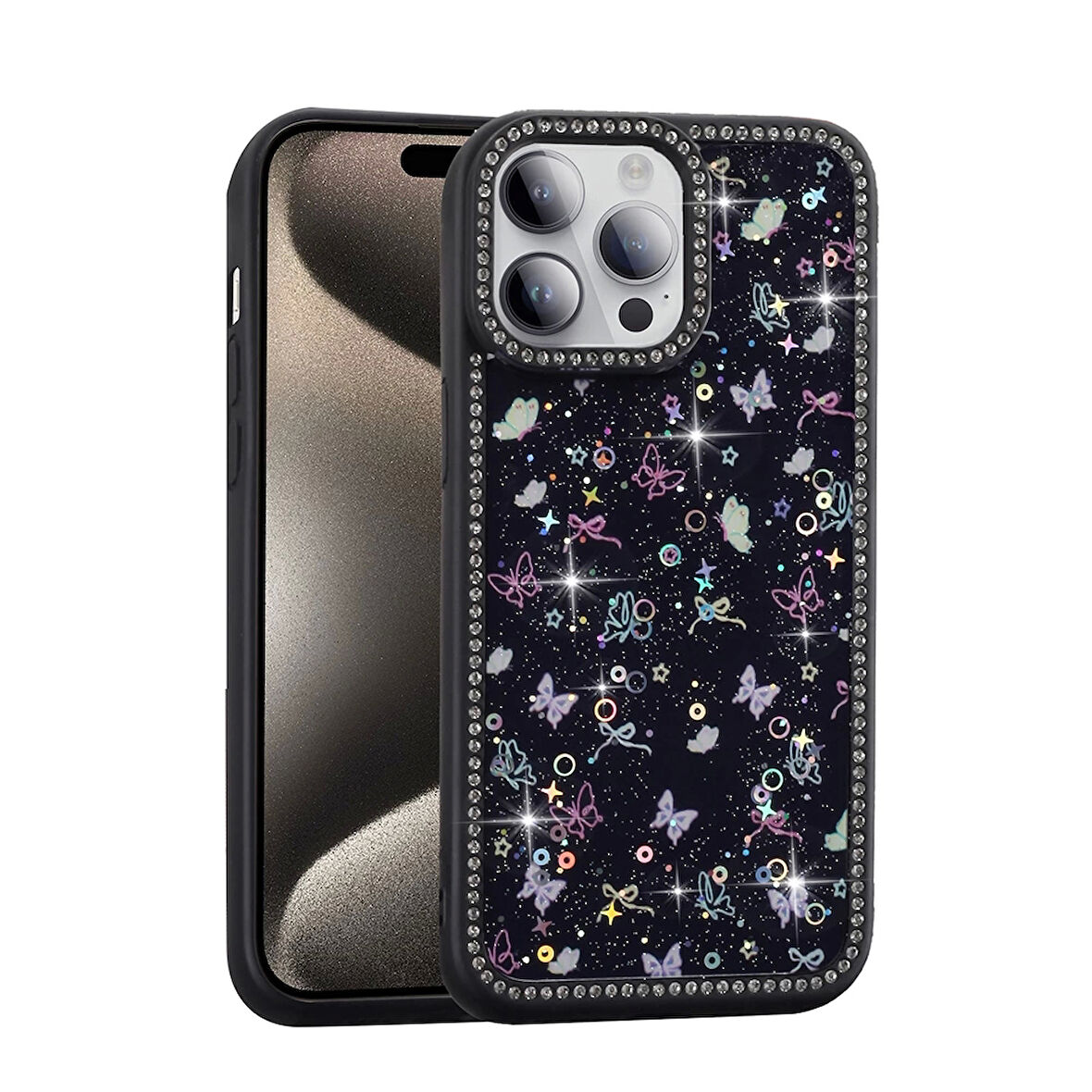 Apple iPhone 14 Pro Uyumlu Kılıf Taşlı ve Simli Tasarım Azra Kapak