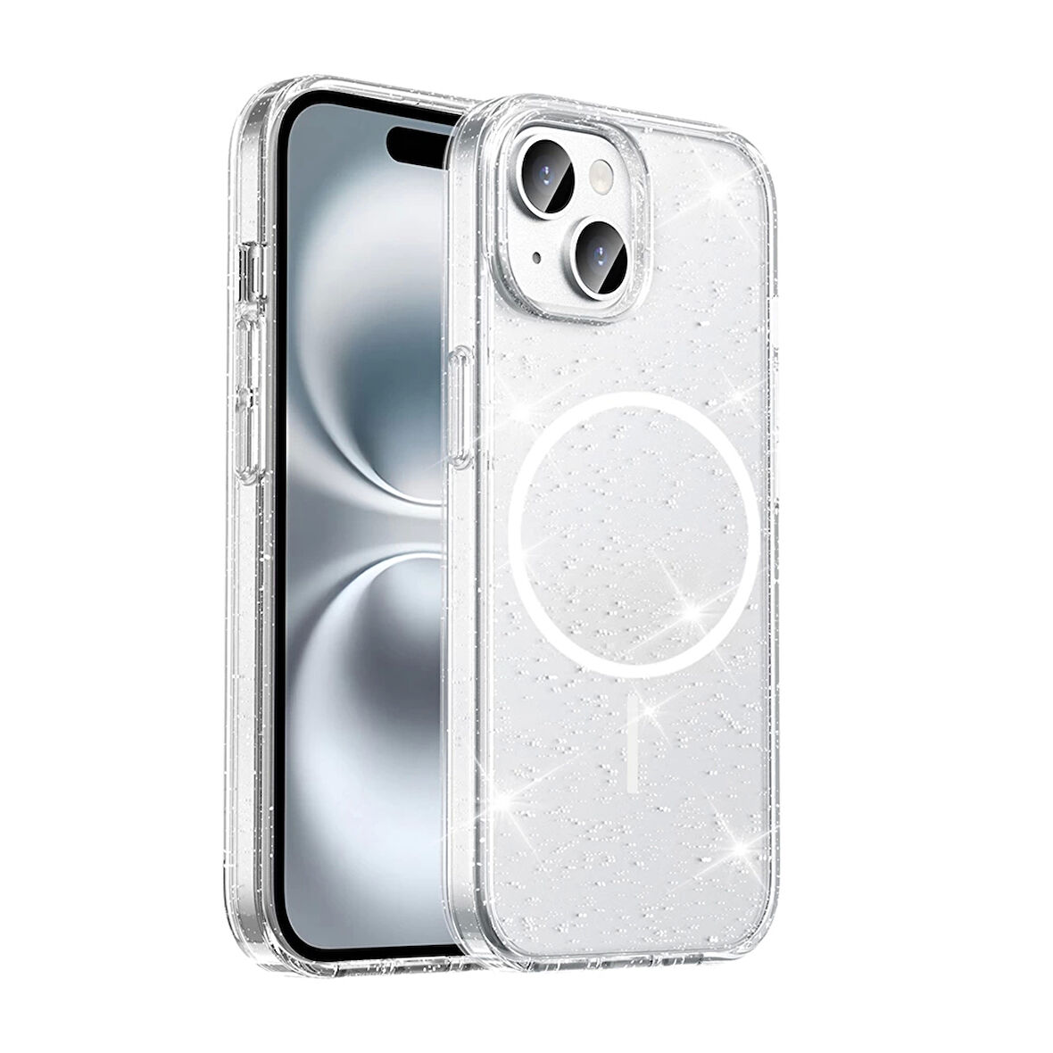 Apple iPhone 13 Uyumlu Kılıf Magsafe Şarj Özellikli Parlayan Simli Şeffaf Maris Kapak