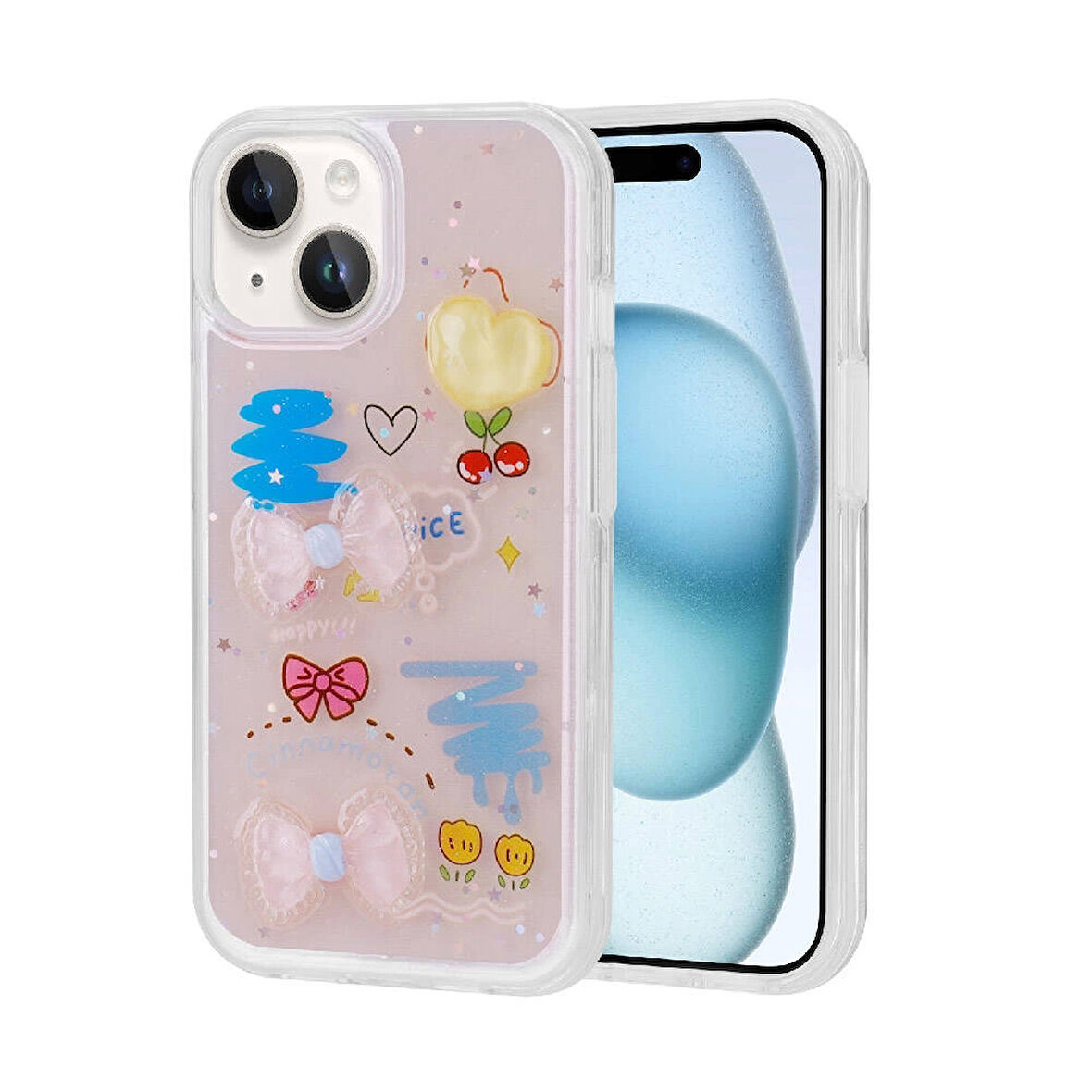 iPhone 15 Plus Uyumlu Kılıf Kabartma Figürlü Parlak Minimini Silikon Kapak