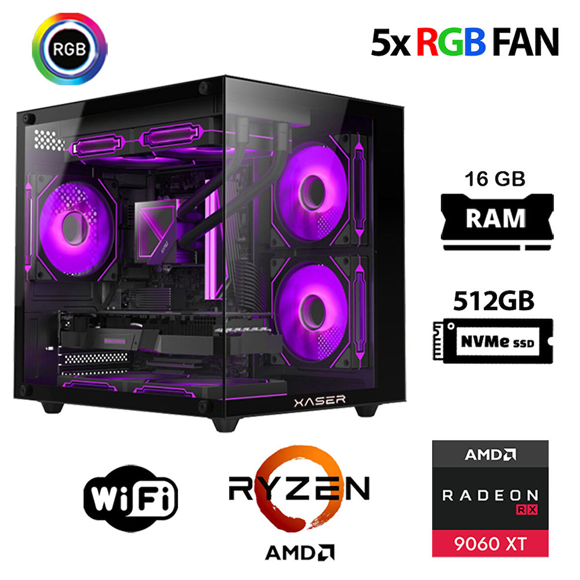 Xaser Eco X130 Ryzen 5 7500F 16GB Ram 512GB M.2 NVMe SSD 16GB RX9060 XT Oyuncu Masaüstü Bilgisayarı