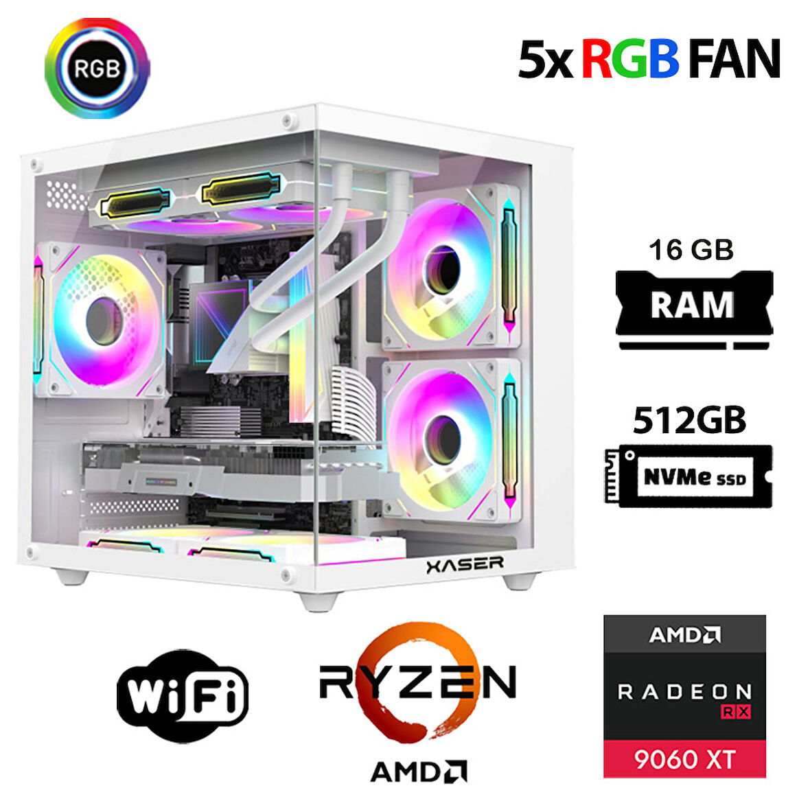 Xaser Eco X50 Ryzen 5 7500F 16GB Ram 512GB M.2 NVMe SSD 16GB RX9060 XT Oyuncu Masaüstü Bilgisayarı