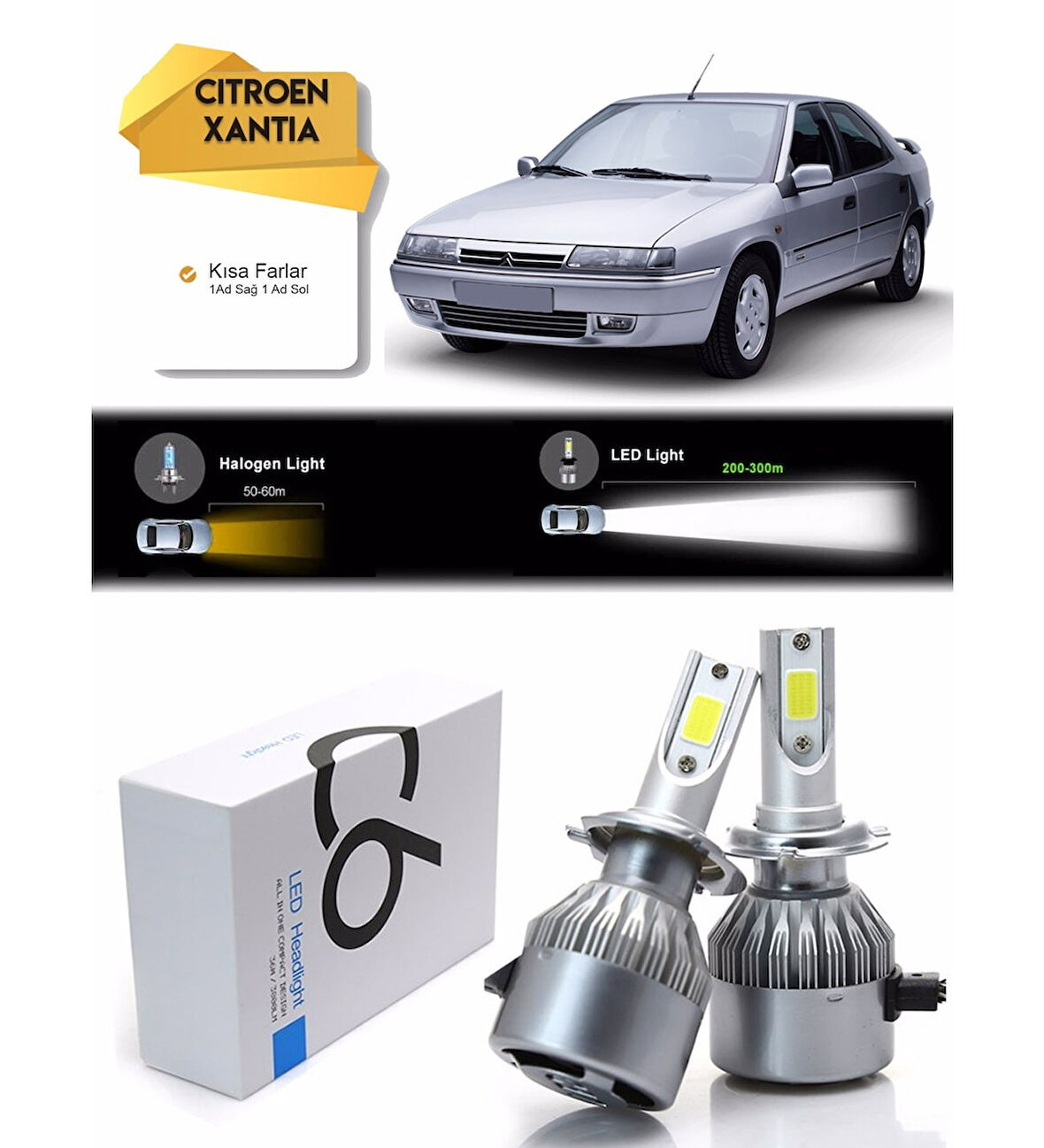 Citroen Xantia Kısa Far Led Xenon Şimşek Etkili