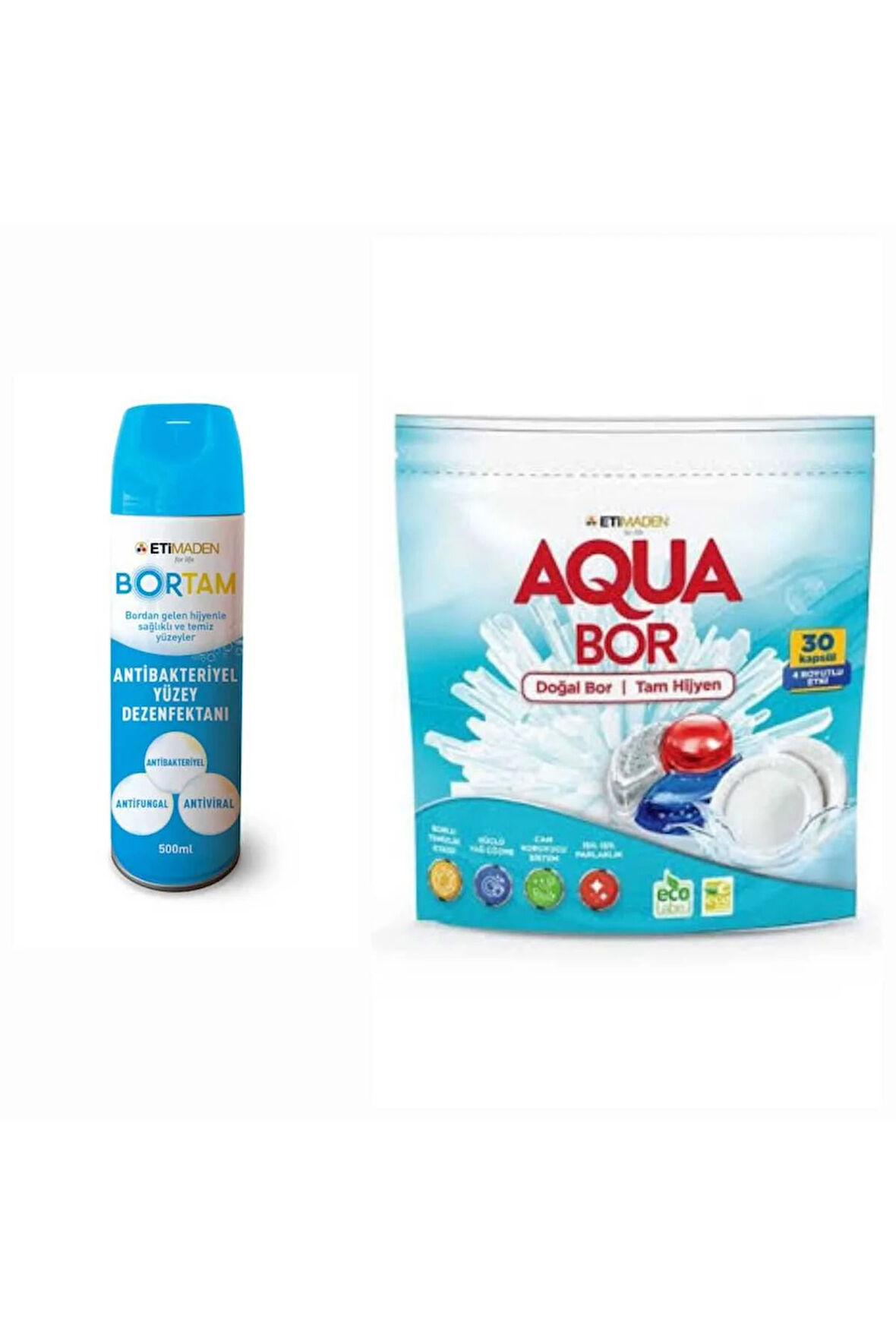 AQUABOR DOĞAL MİNERALLİ BULAŞIK MAKİNESİ DETERJANI 30 ADET +AEROSOL BORTAM DEZENFEKTAN