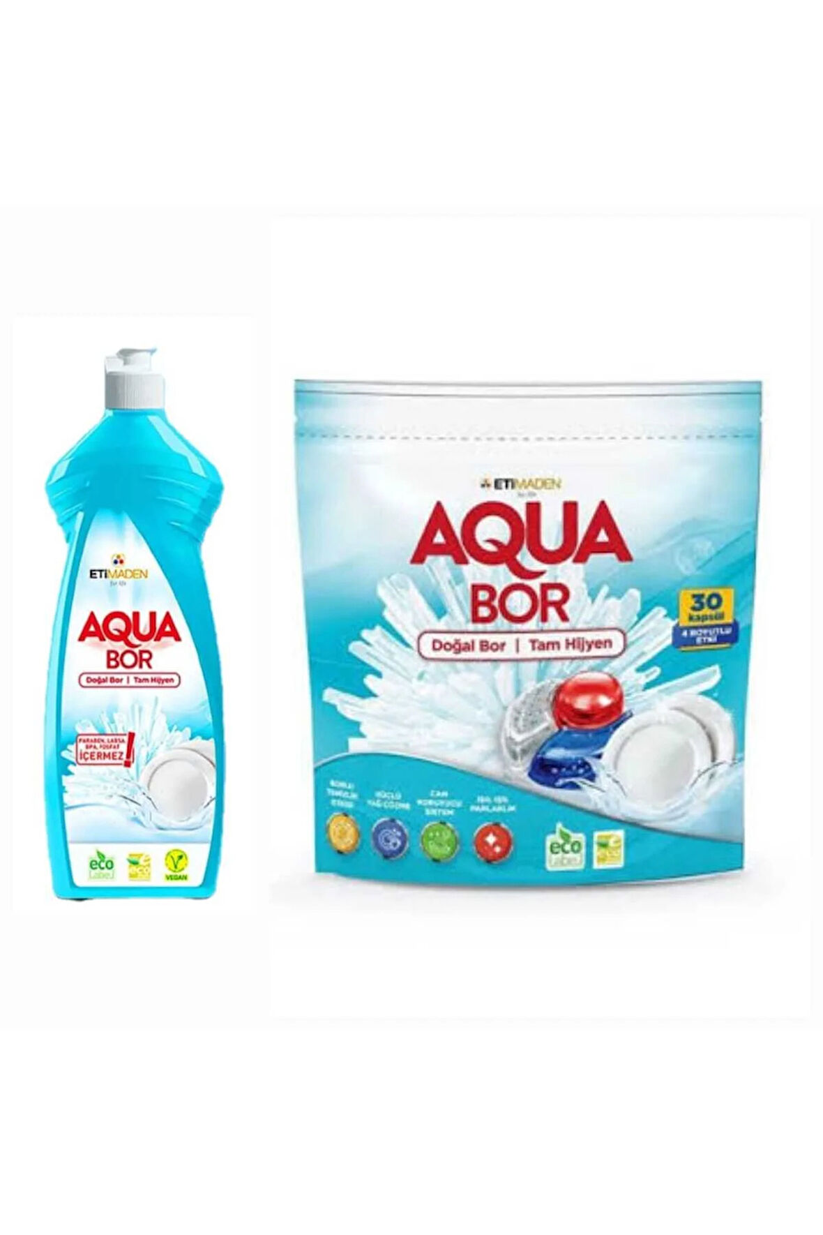 AQUABOR DOĞAL MİNERALLİ ELDE BULAŞIK DETERJANI +BULAŞIK MAKİNESİ TABLETİ 30 TABLET.