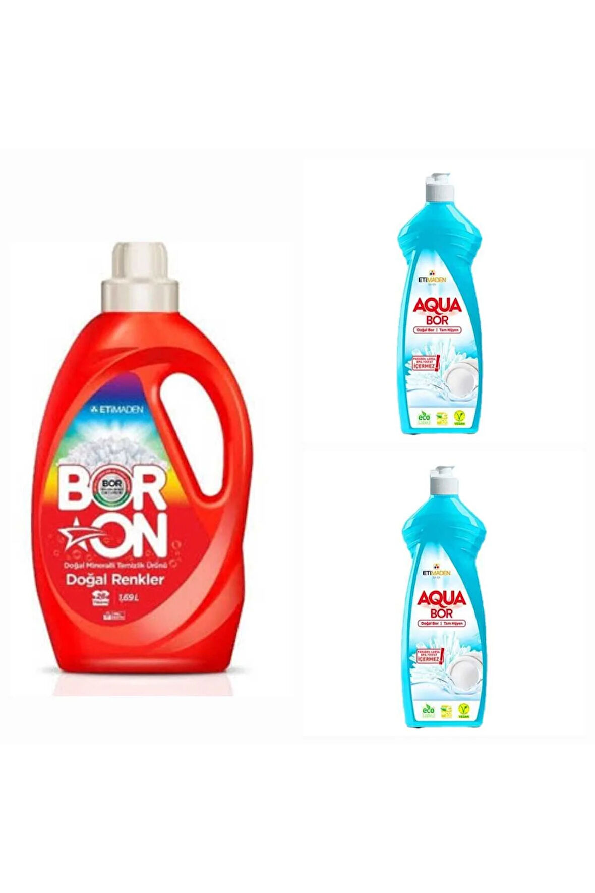 DOĞAL MİNERALLİ ÇAMAŞIR DETERJANI RENKLİLER İÇİN 26 YIKAMA+ 2*650 ML AQUABOR BULAŞIK DETERJANI.