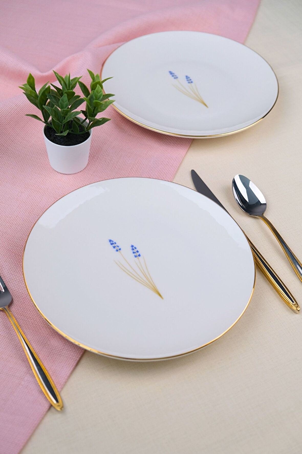 Tabak Evi Porselen Natura Lavanta Altın Yaldız Pasta Tabağı 20,50cm 2 li