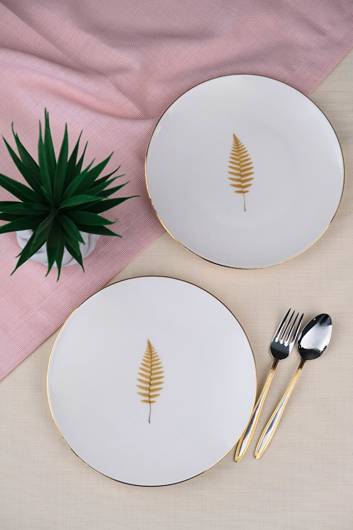 Tabak Evi Porselen Natura Fern Altın Yaldız Pasta Tabağı 20,50cm 2 li