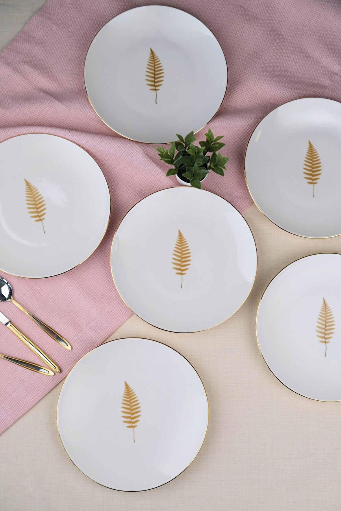 Tabak Evi Porselen Natura Fern Altın Yaldız Pasta Tabağı 20,50cm 6 lı