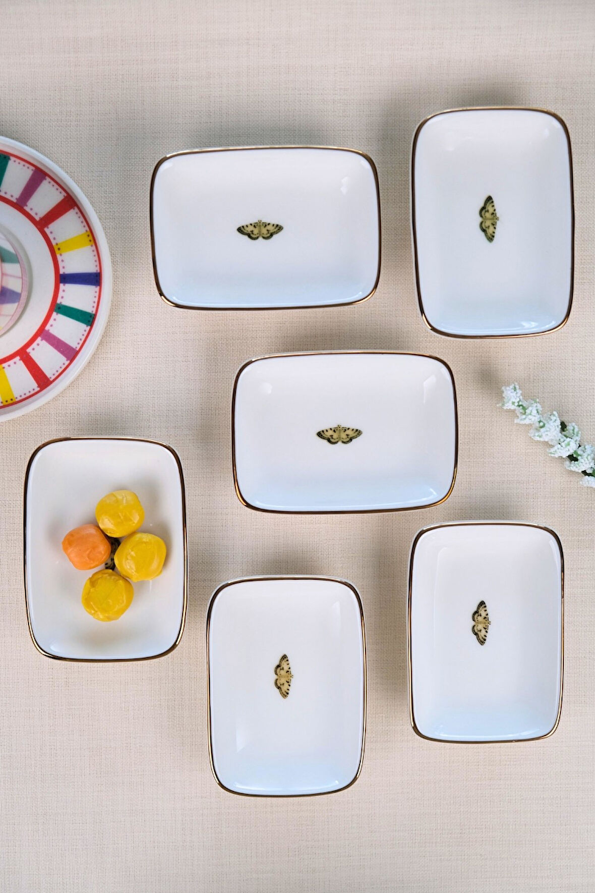 Tabak Evi Kelebek Altın Yaldızlı Dikdörtgen Kayık Tabak 10x7x2cm 6 LI