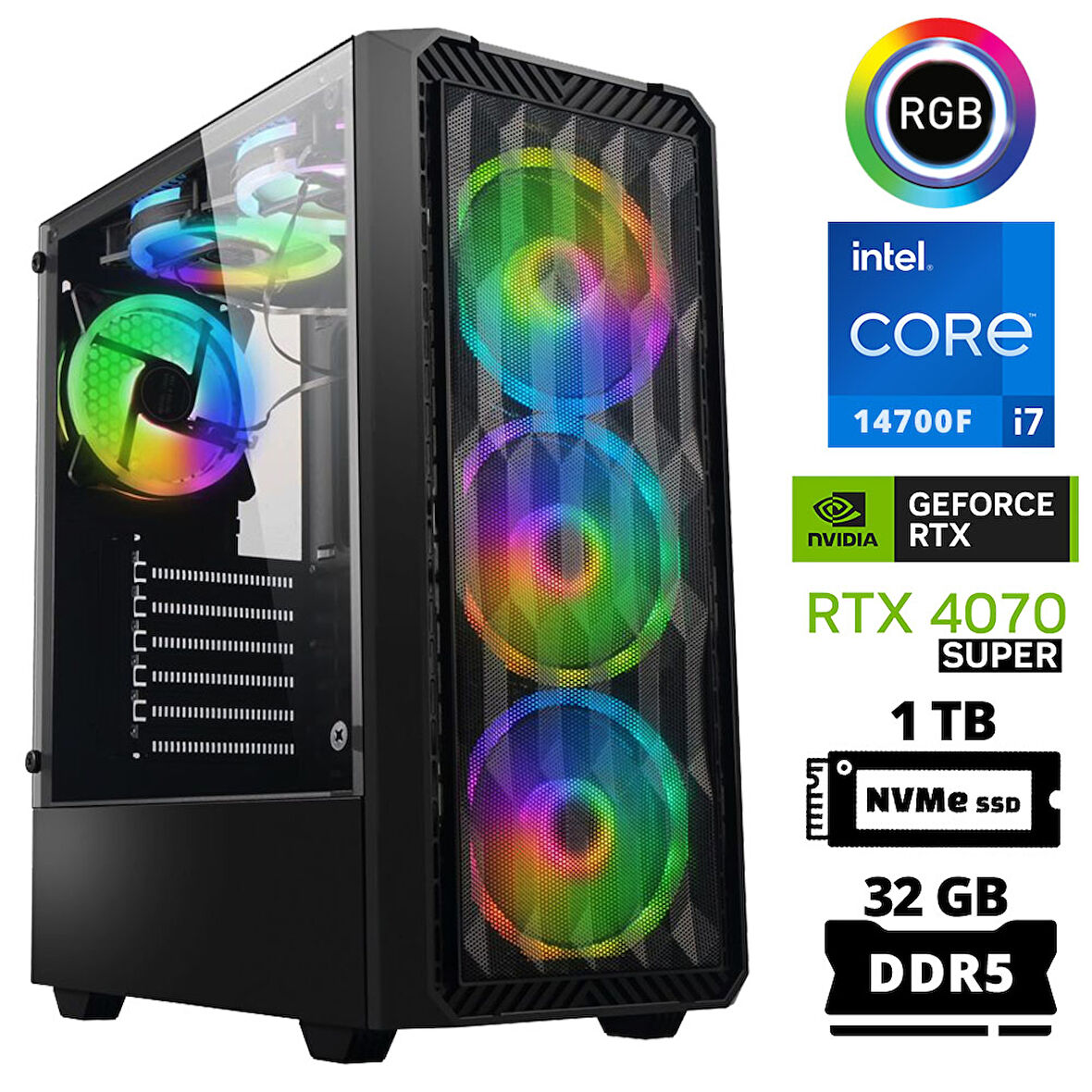 Xaser Delux X96 i7 14700F 32GB DDR5 Ram 1TB M.2 NVMe SSD 12GB RTX4070 SUPER Masaüstü Oyuncu Bilgisayarı