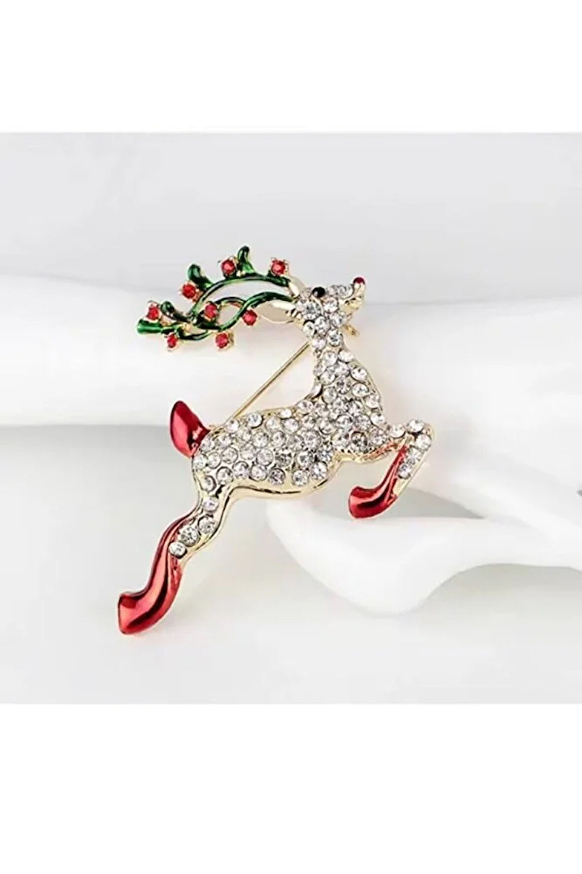 Kırmızı Detaylı Taşlı Geyik Broş