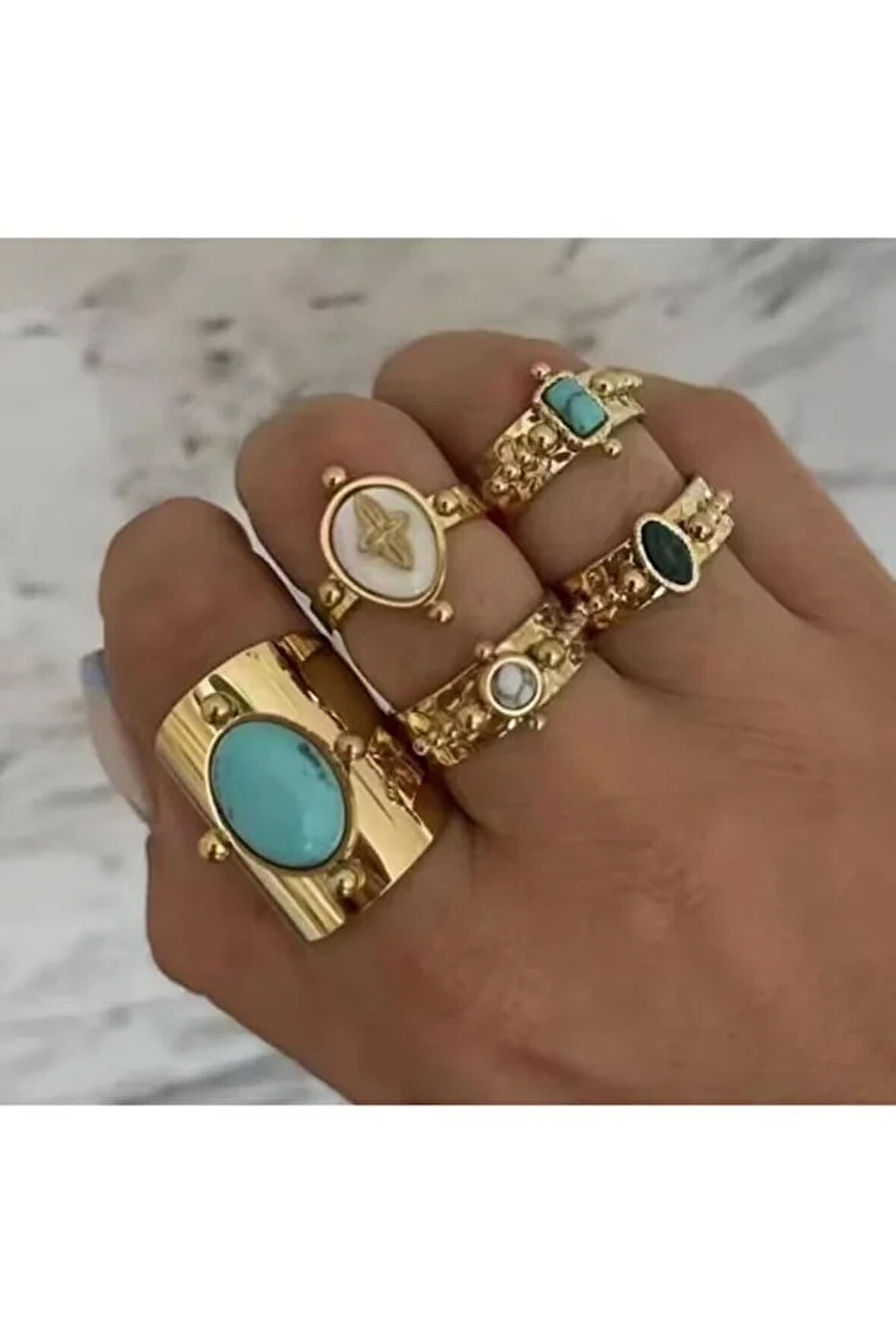Turkuaz Taşlı Altın Kaplama Paslanmaz Çelik Ayarlanabilir Otantik Yüzük