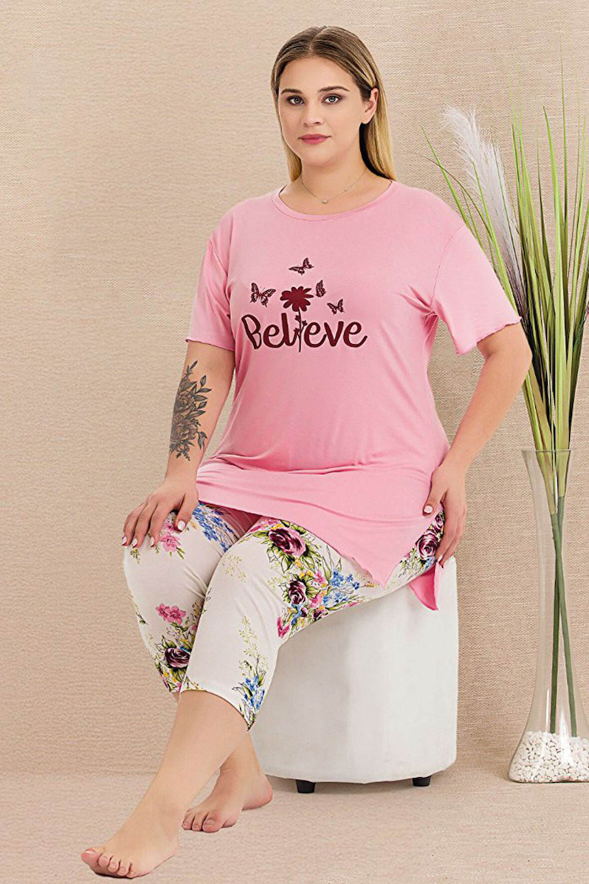 Büyük Beden Kapri Pijama Takım