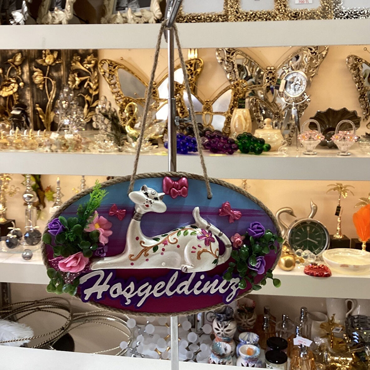 Kedi Figürlü Hoşgeldiniz Yazılı Dekoratif Kapı Süsü