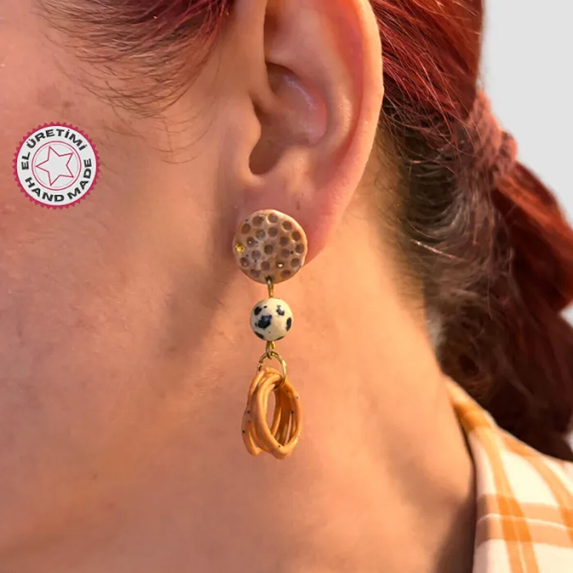 Uretti - Sezen 3274 - El İşi Bohem Jasper Küpe 4.5cm - Kahverengi