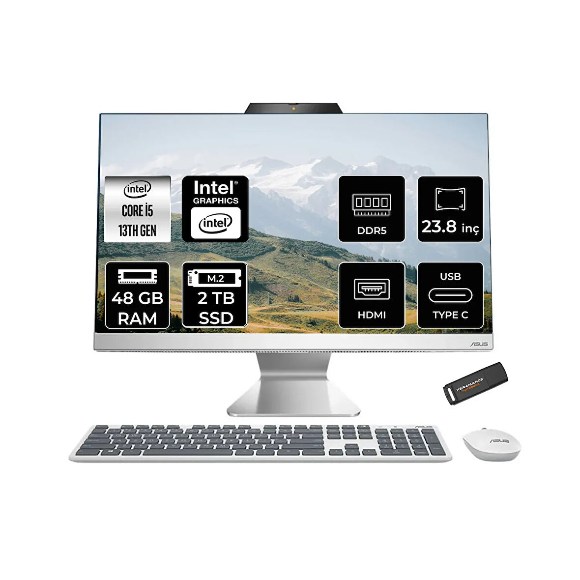 ASUS A3402WVAK i5 1335U 48GB DDR5 2TB SSD Intel Graphics 23.8" FHD FDOS Beyaz All in One & PER4