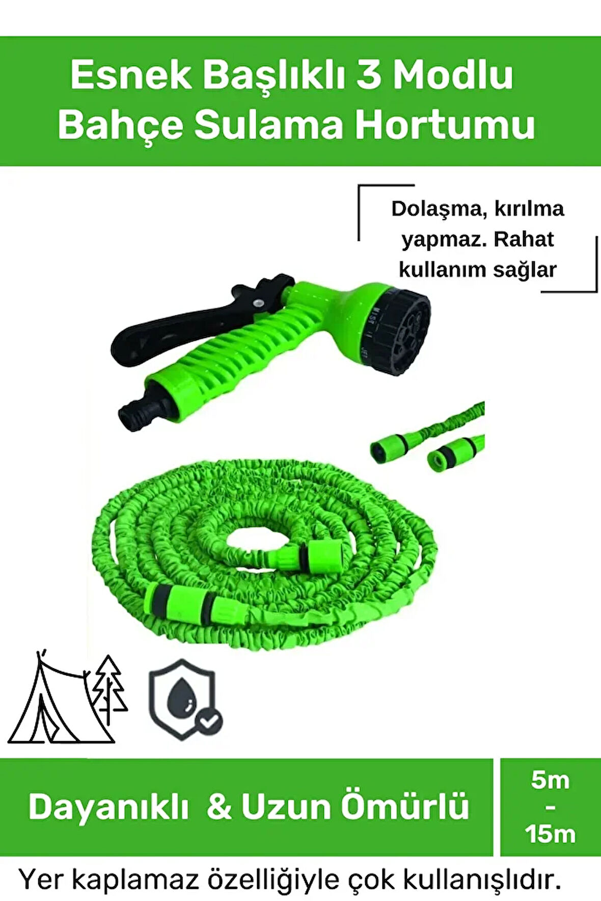 Dayanıklı Kırılmaz 3 Modlu Uzayan Bahçe Sulama Araç Yıkama Hortumu 5 /15 Metre