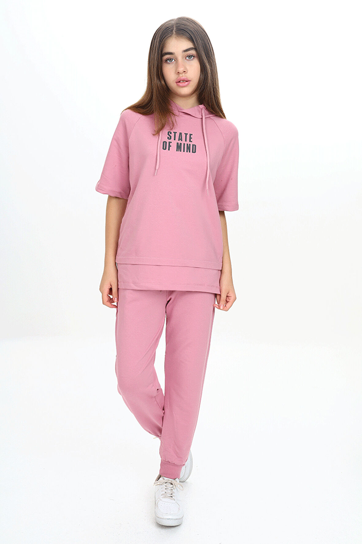 Kız Çocuk İki İp Kumaş Kısa Kollu Kapüşonlu Eşofman Takımı