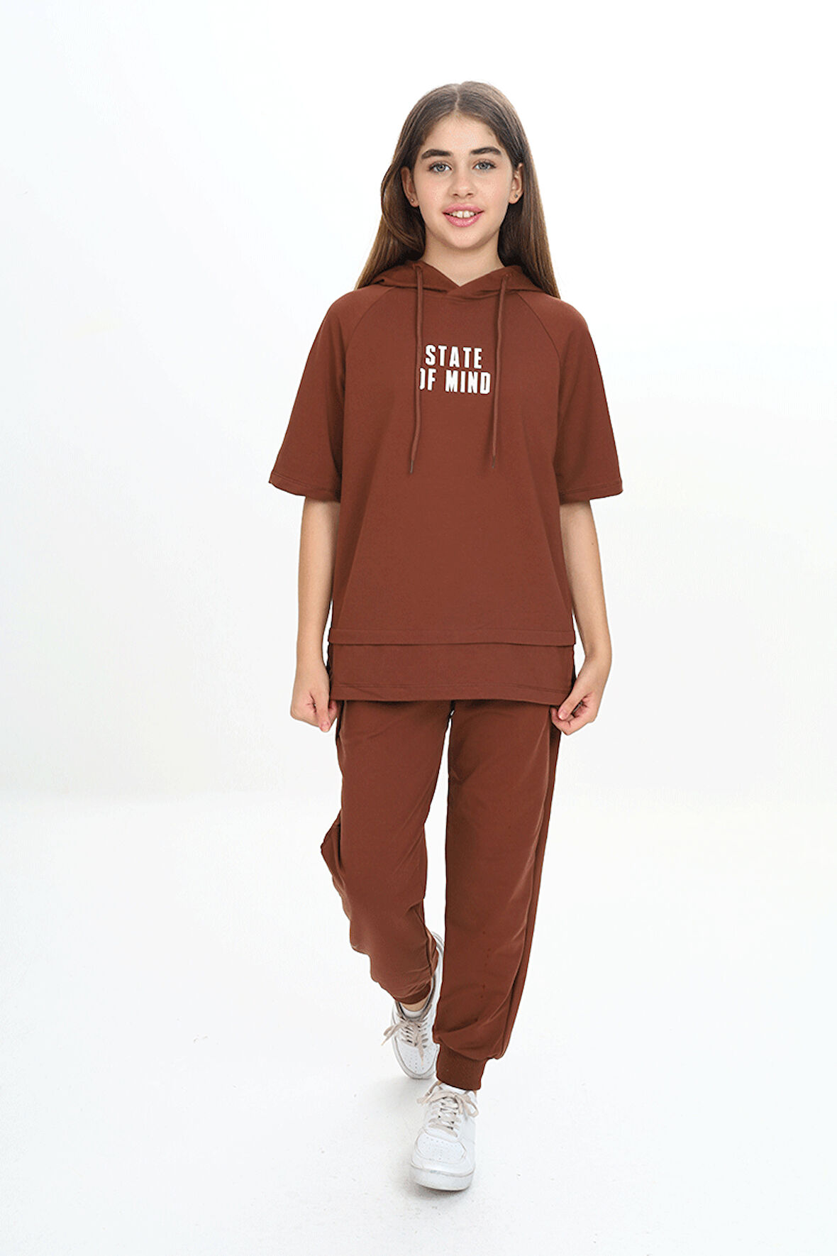 Kız Çocuk İki İp Kumaş Kısa Kollu Kapüşonlu Eşofman Takımı