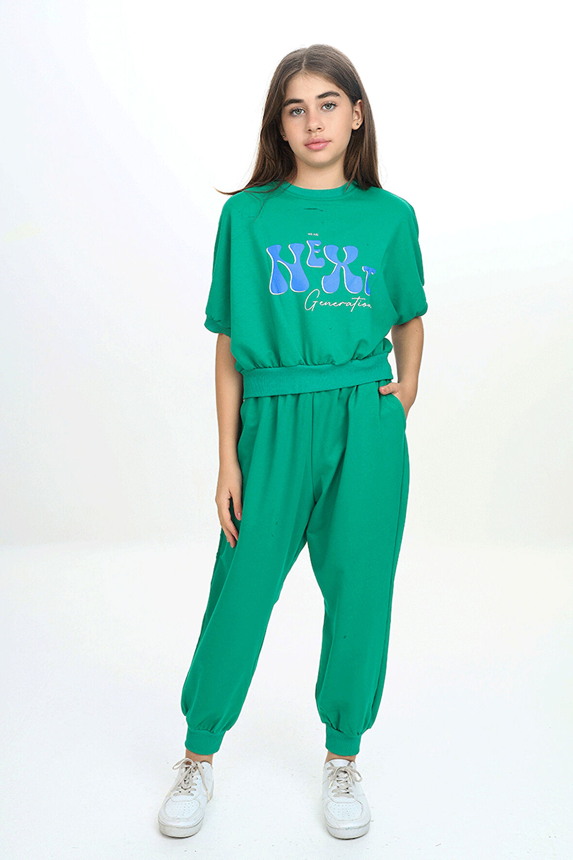 Kız Çocuk Bisiklet Yaka Baskılı Kısa Kollu Eşofman Takımı