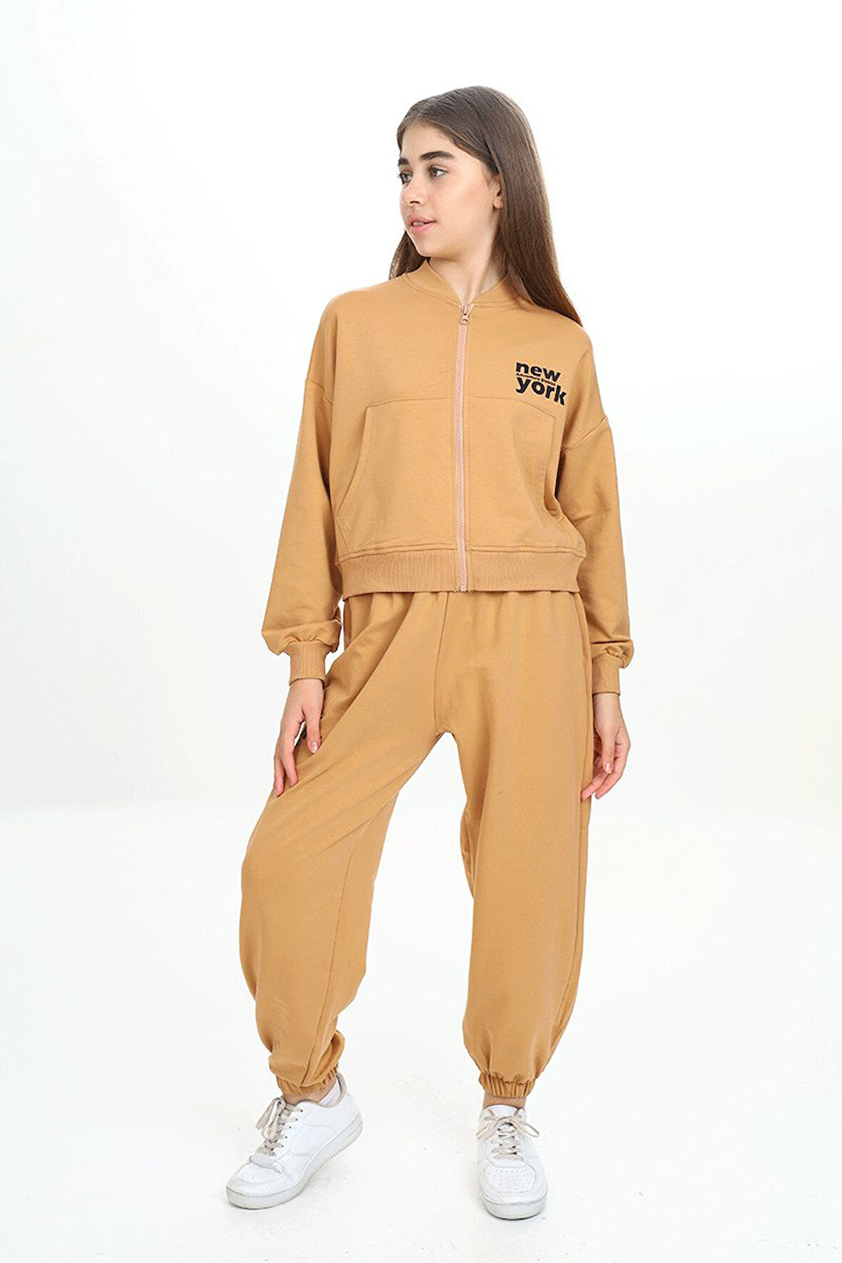 Kız Çocuk Fermuarlı V Yaka Baskılı Eşofman Takımı