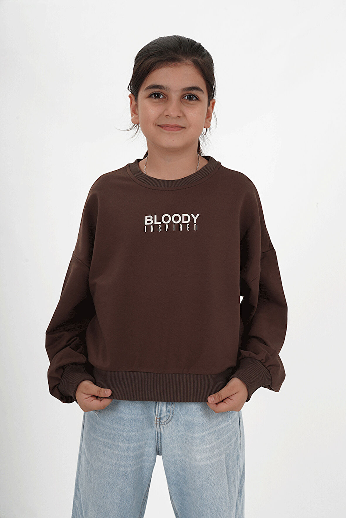 Kız Çocuk İki İp Kumaş Bisiklet Yakalı Baskılı Sweatshirt