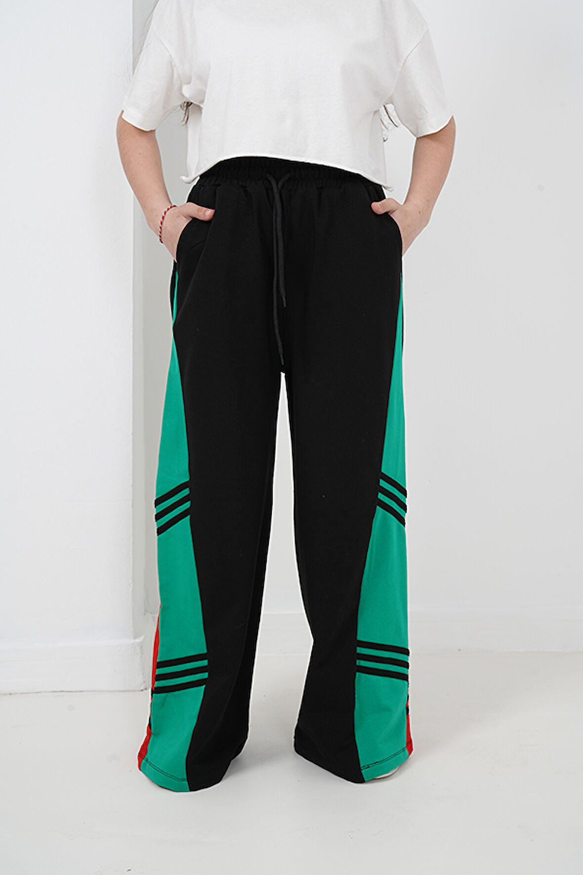 Kız Çocuk İki İplik Kumaş İspanyol Paça Çizgili Jogger Pantolon