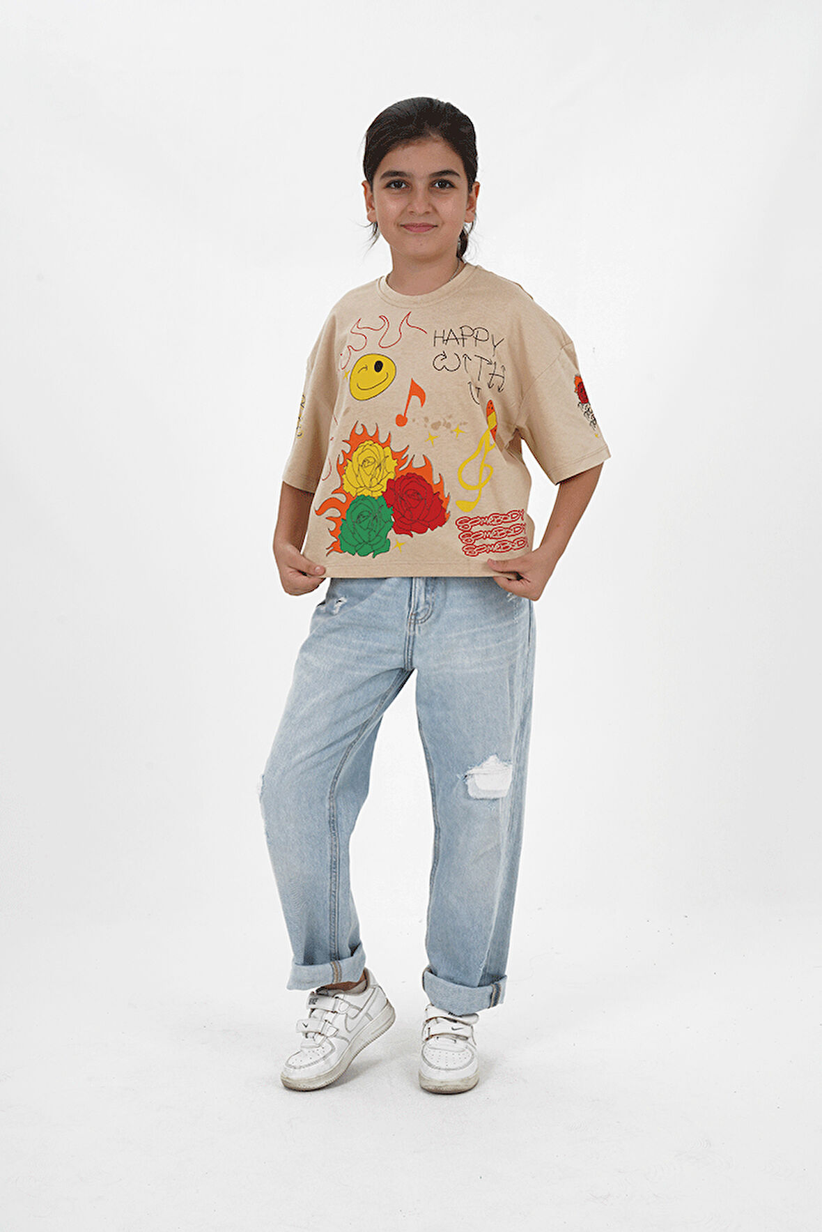 Kız Çocuk Bej Süprem Kumaş Bisiklet Yaka Baskılı Tshirt