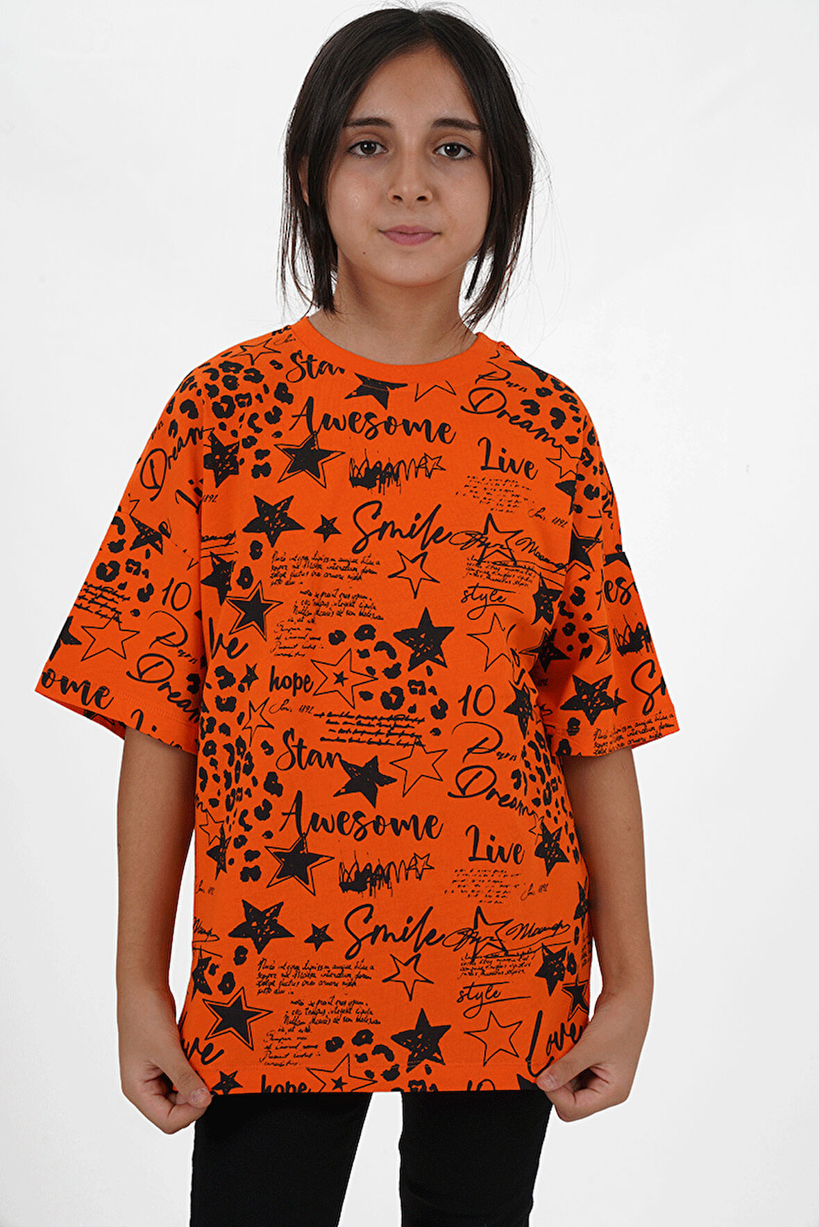 Kız Çocuk Turuncu Süprem Kumaş  Bisiklet Yaka Baskılı Tshirt