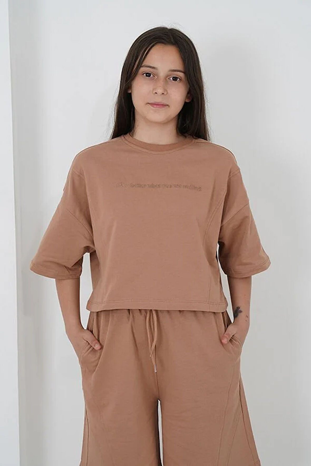 Kız Çocuk İki İplik Kumaş Bisiklet Yaka Şortlu Takım