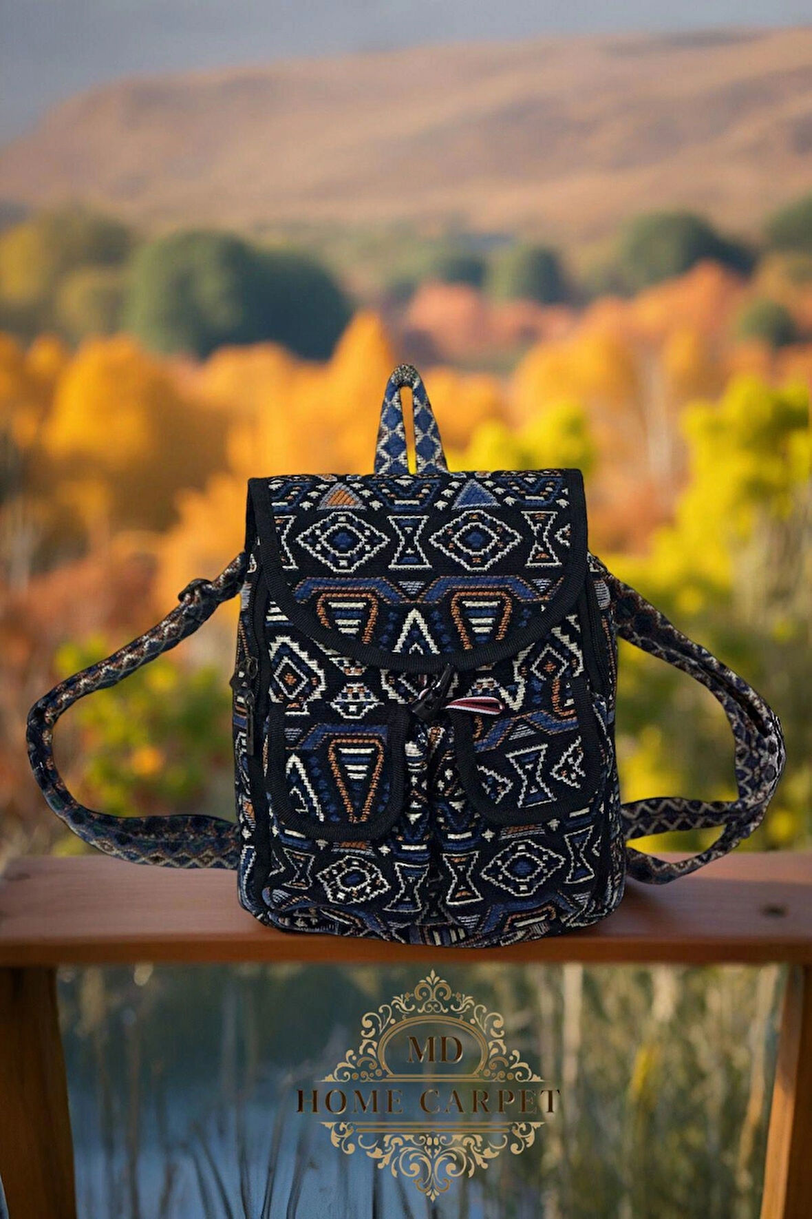 Kilim Desenli El Yapımı Sırt Çantası – Etnik Tasarım, Dayanıklı ve Katlanabilir