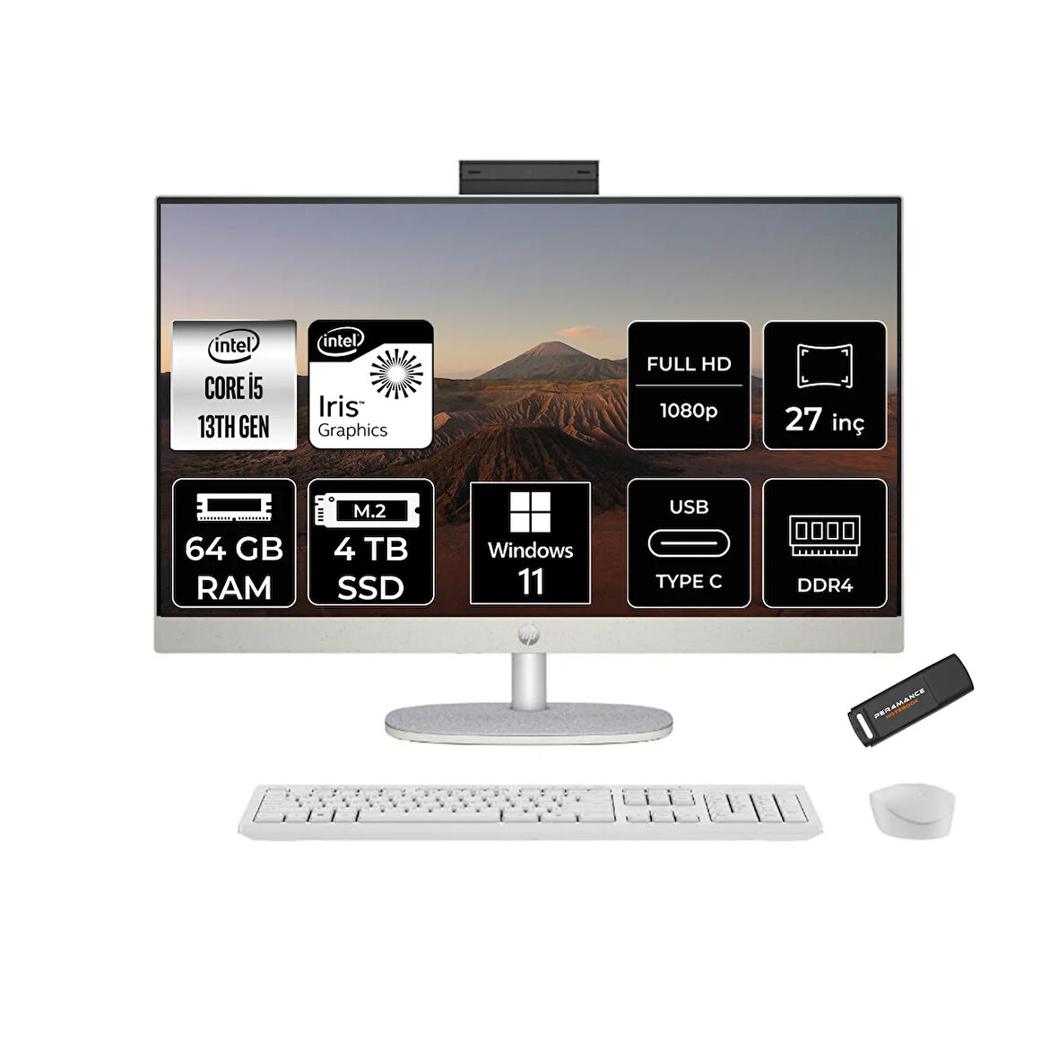 HP 27-CR0009NT i5 1335U 64GB 4TB SSD Intel Graphics 27" FHD IPS W11P All In One PC Beyaz & PER4