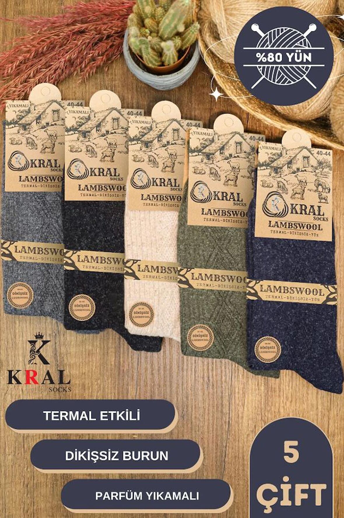 Erkek ve Kadın Kışlık Termal Etkili (5'li Paket) Lambswool Kuzu Yün Çorap