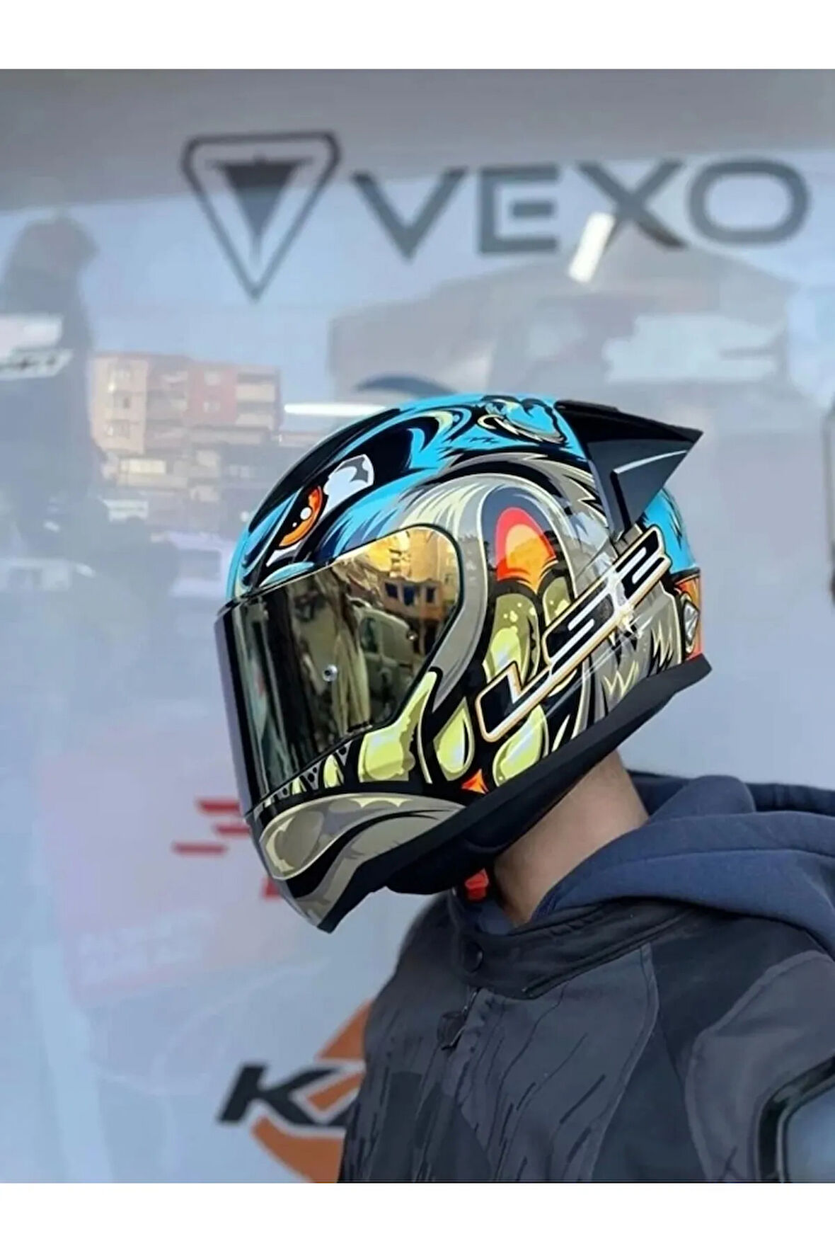 Rapıd 2 Race Neo Mavi-sarı Kask Spoıler Gold Cam(ŞEFFAF GOLD CAM)