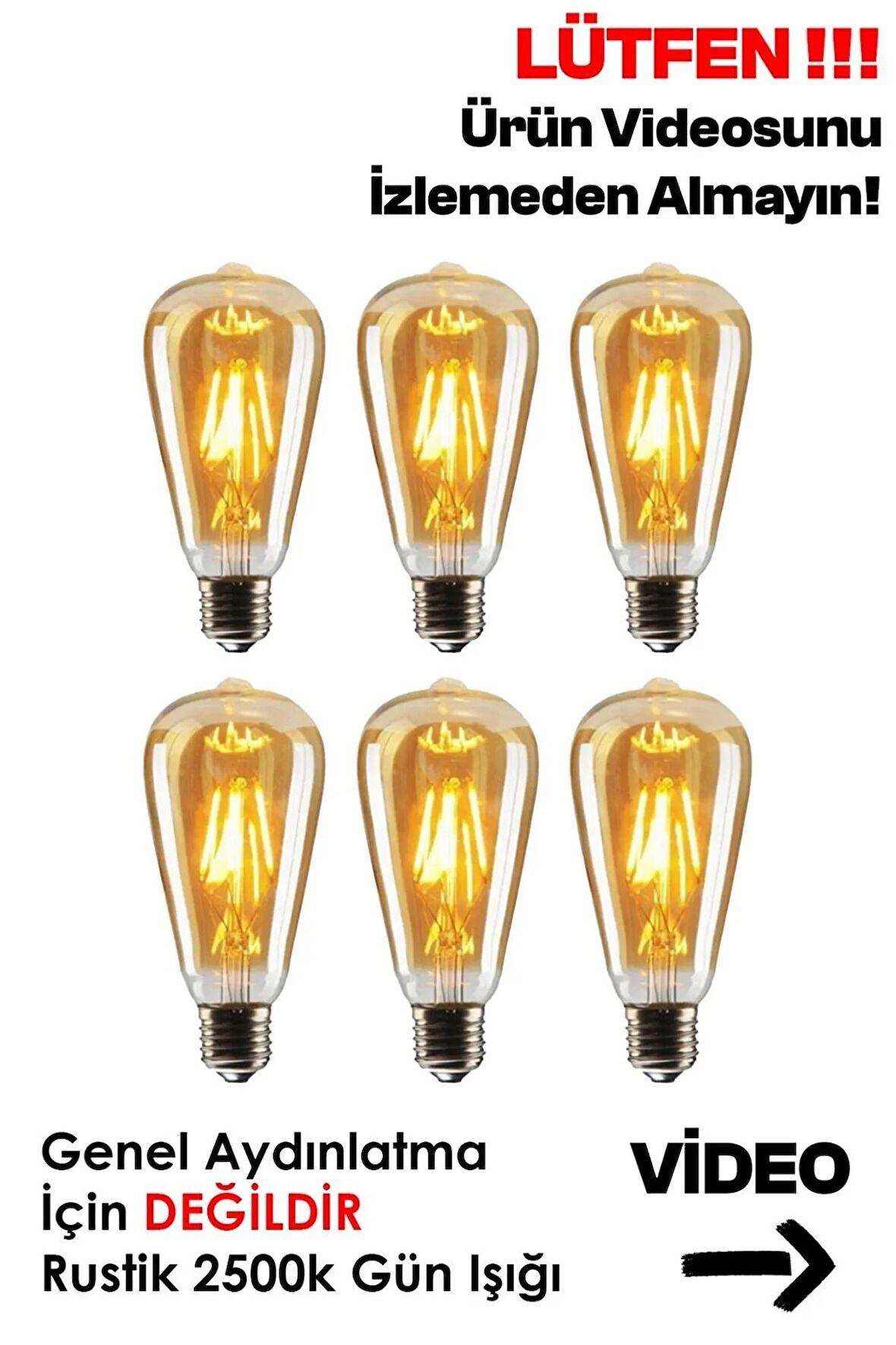 Rustik Led Ampul 6'lı Eko Paket Amber E27 Duy Armut Tipi 4 W Dekoratif Vıntage Aydınlatma