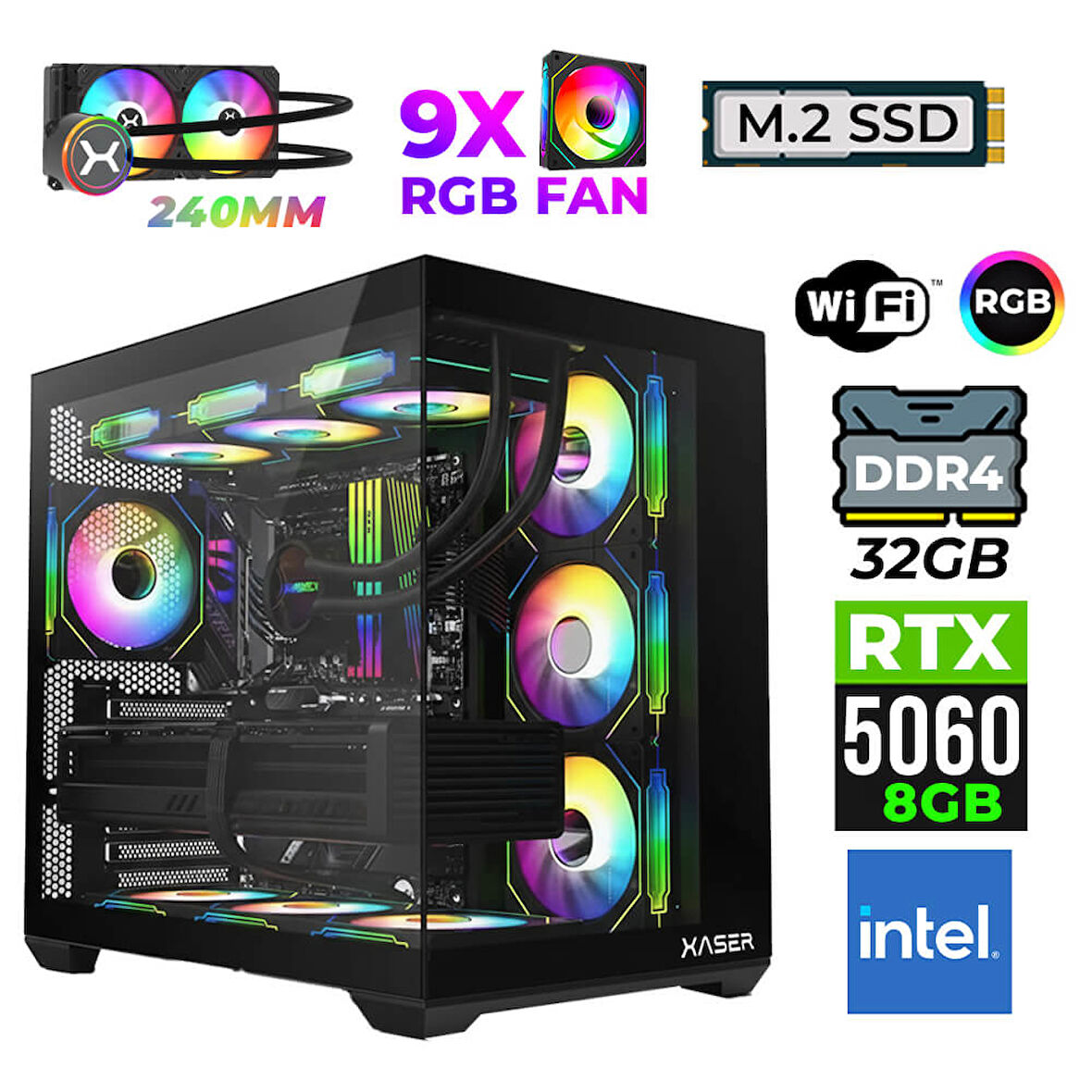 Xaser Neon X50 Intel i3 14100F 32GB Ram 1TB M.2 NVMe SSD 8GB RTX5060 Sıvı Soğutmalı Oyuncu Tavsiye Sistem