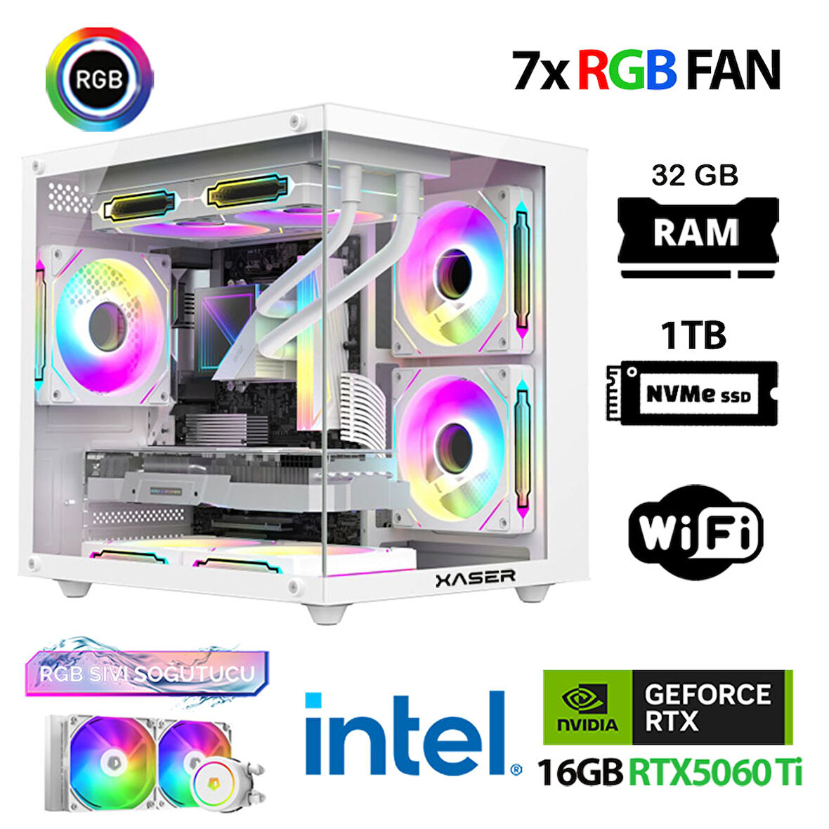 Xaser Eco X180 i9 14900KF 32GB DDR5 Ram 1TB M.2 NVMe SSD 16GB RTX5060Ti Sıvı Soğutmalı Masaüstü Oyuncu Bilgisayarı